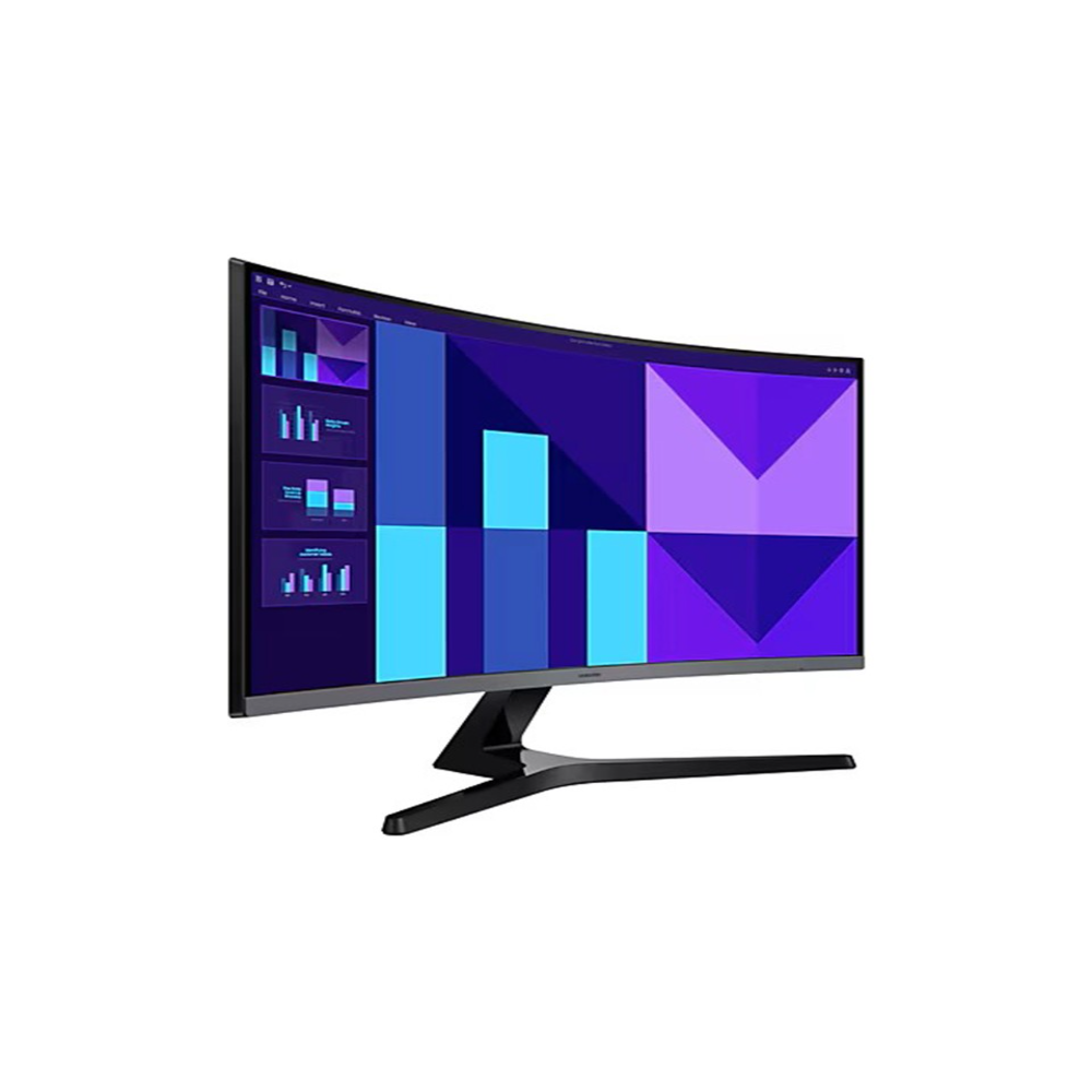 Kavisli bir bilgisayar monitörü geometrik bir desen görüntüler. Monitör siyah ve gümüş renktedir, beyaz bir arka plan üzerinde.