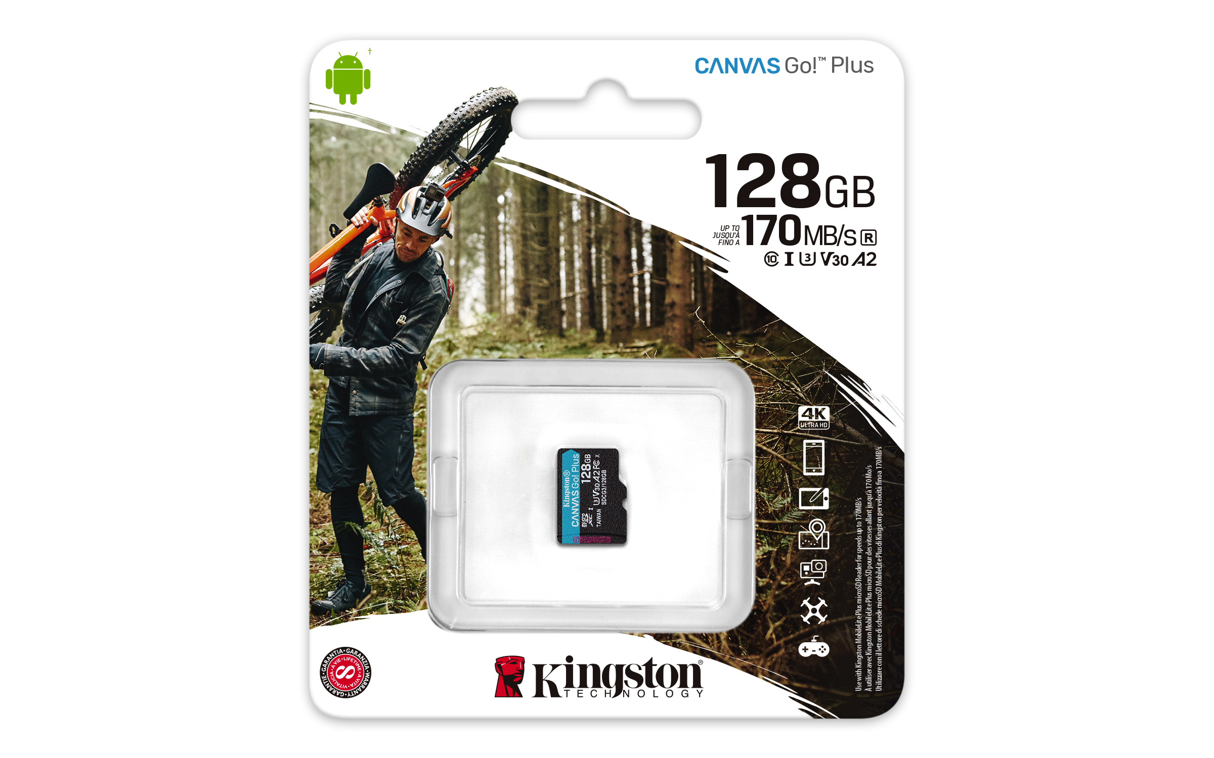 La confezione mostra un uomo con una bici. Pubblicizza una scheda microSD Kingston Canvas Go! Plus da 128 GB.