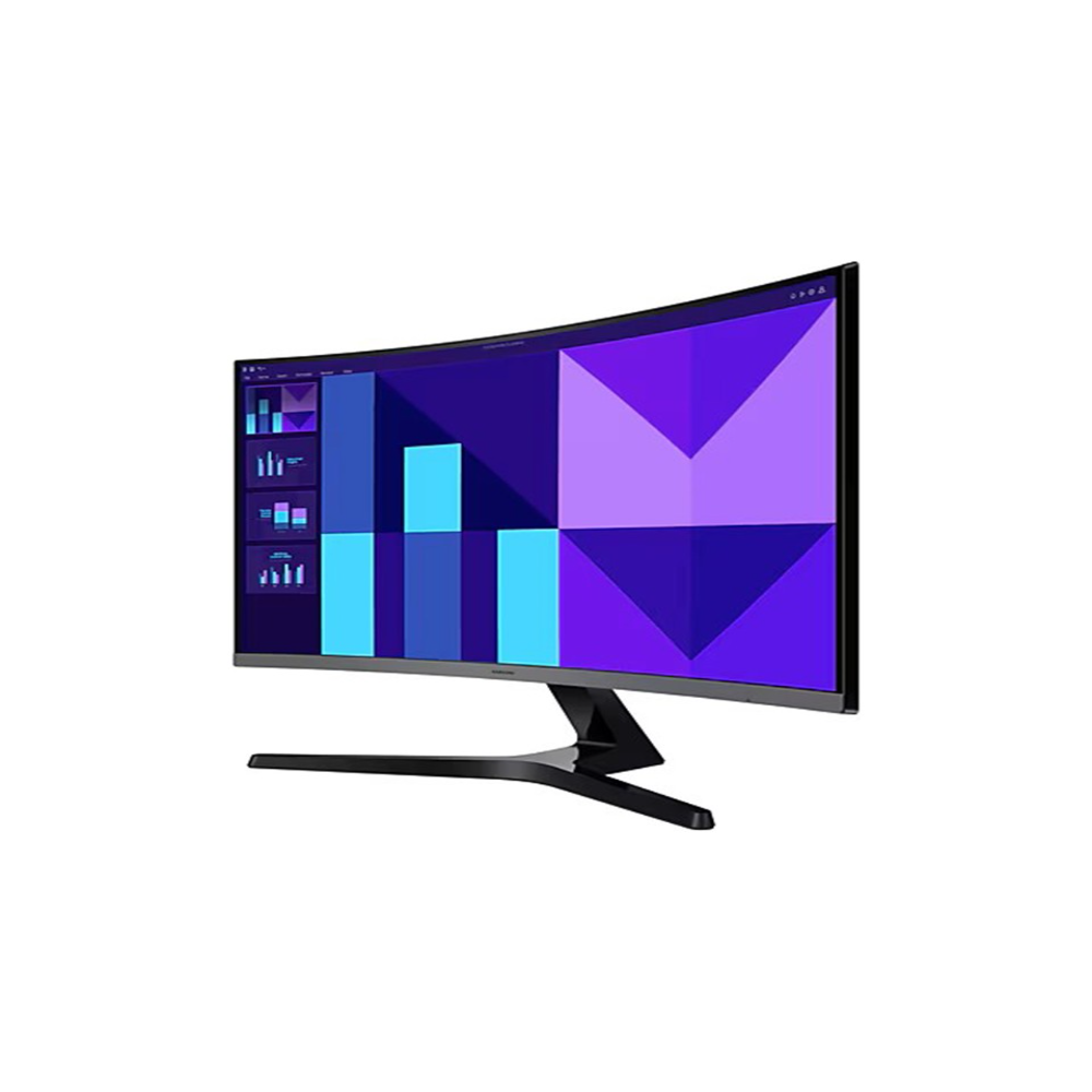 Kavisli bir bilgisayar monitörü, mavi ve mor şekillerle geometrik bir desen görüntüler. Monitör, siyah bir stand üzerinde duruyor.