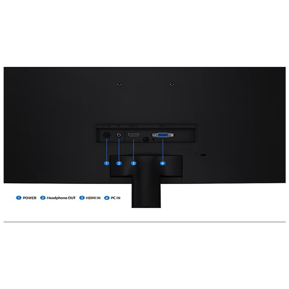 Siyah bir monitörün arka görünümü. Bağlantı noktaları: güç, kulaklık çıkışı, HDMI girişi ve PC girişi. Monitör siyah bir stand üzerinde.