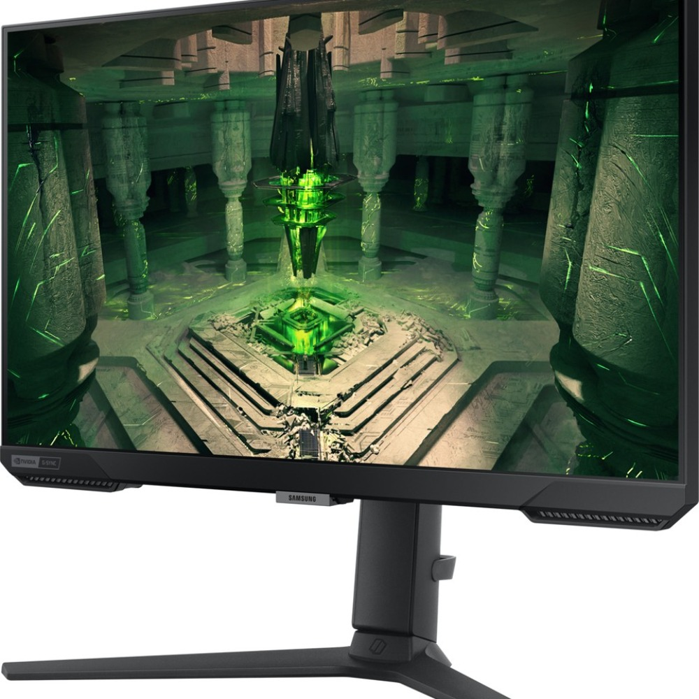 Bilgisayar monitörü, yeşil ışıklı fütüristik bir sahne görüntülüyor. Sütunlar ve merkezi bir yapı parlıyor. Monitör siyahtır.