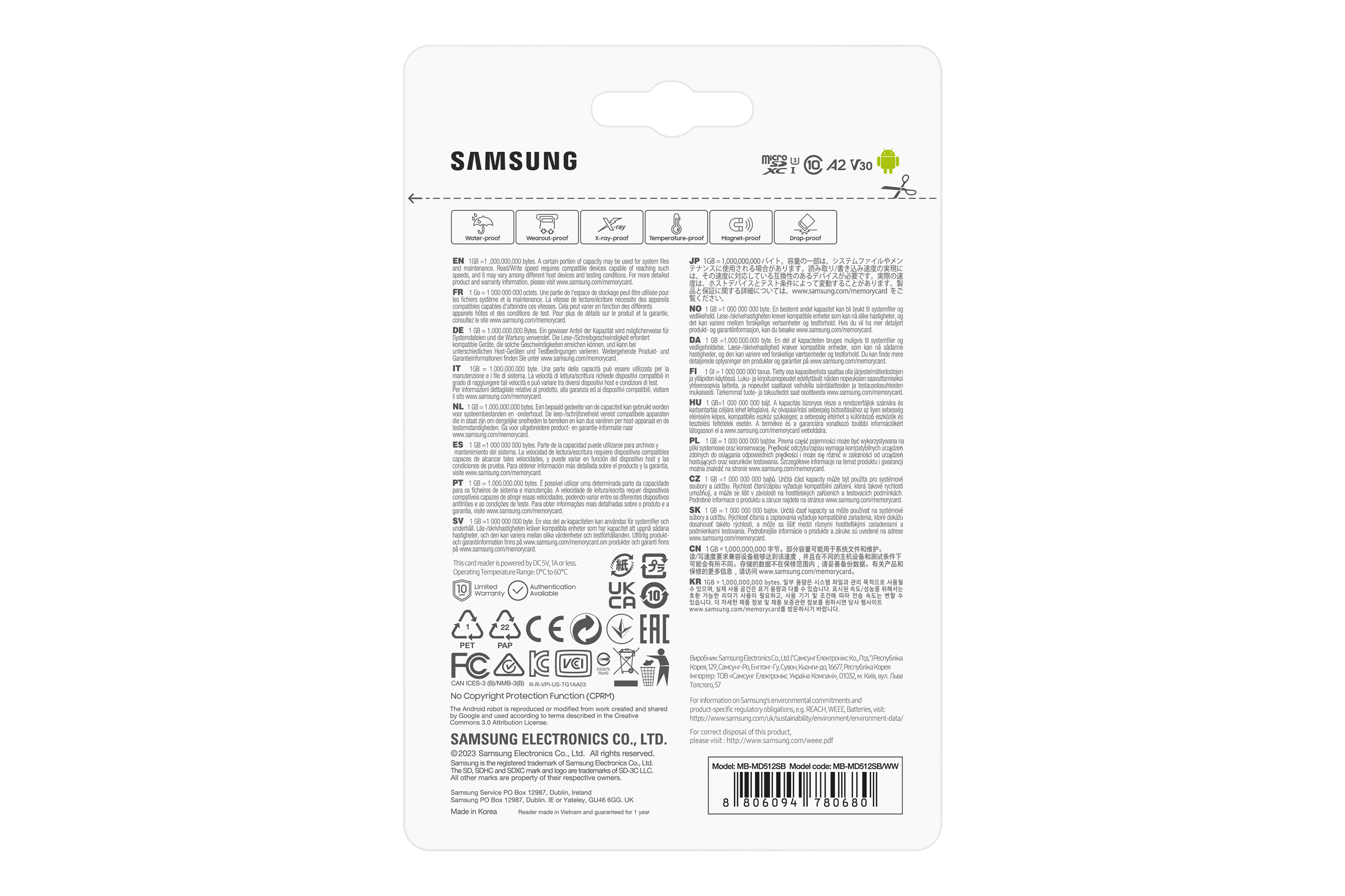 Białe opakowanie karty pamięci Samsung z tekstem, ikonami i kodem kreskowym.