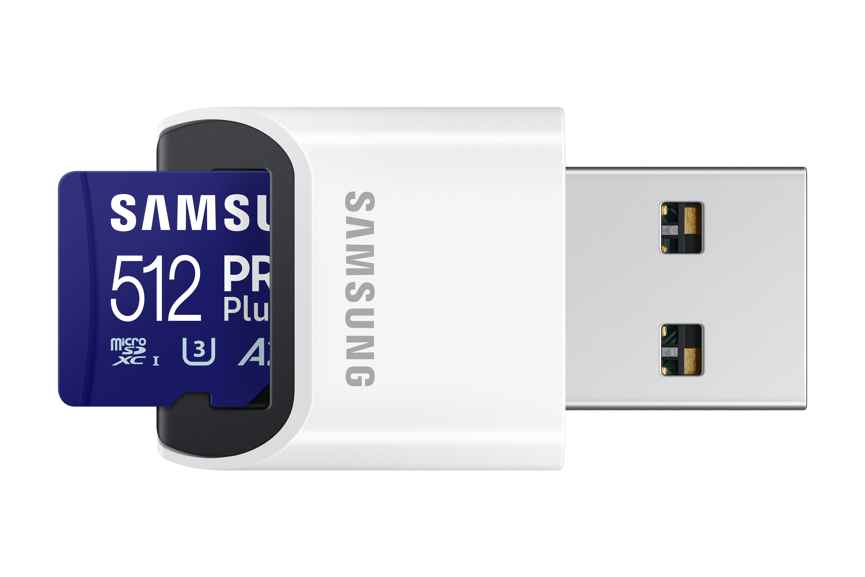 Karta microSD Samsung 512 GB włożona do białego adaptera USB. Karta jest niebieska z białym tekstem.