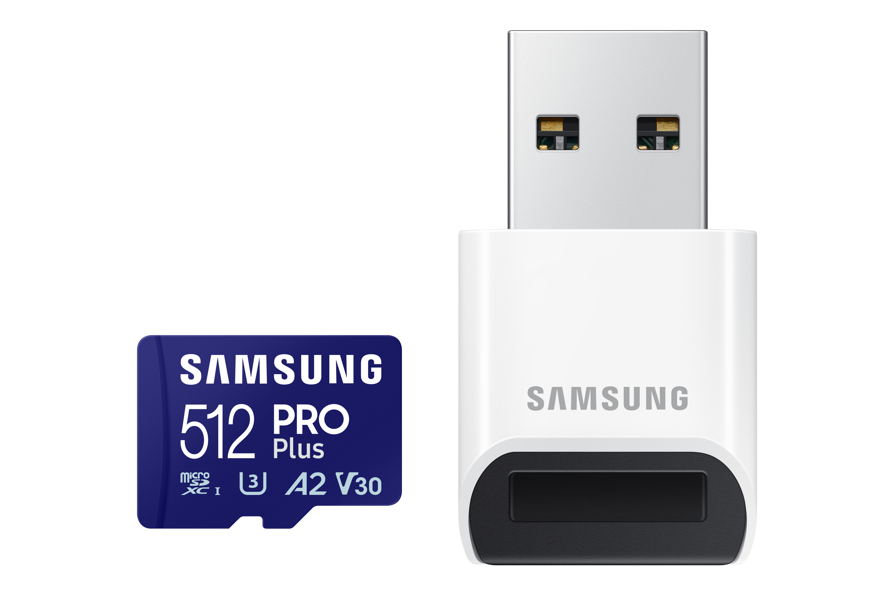Obraz przedstawia niebieską kartę microSD Samsung 512 Pro Plus i biały adapter USB. Oba mają logo Samsung.