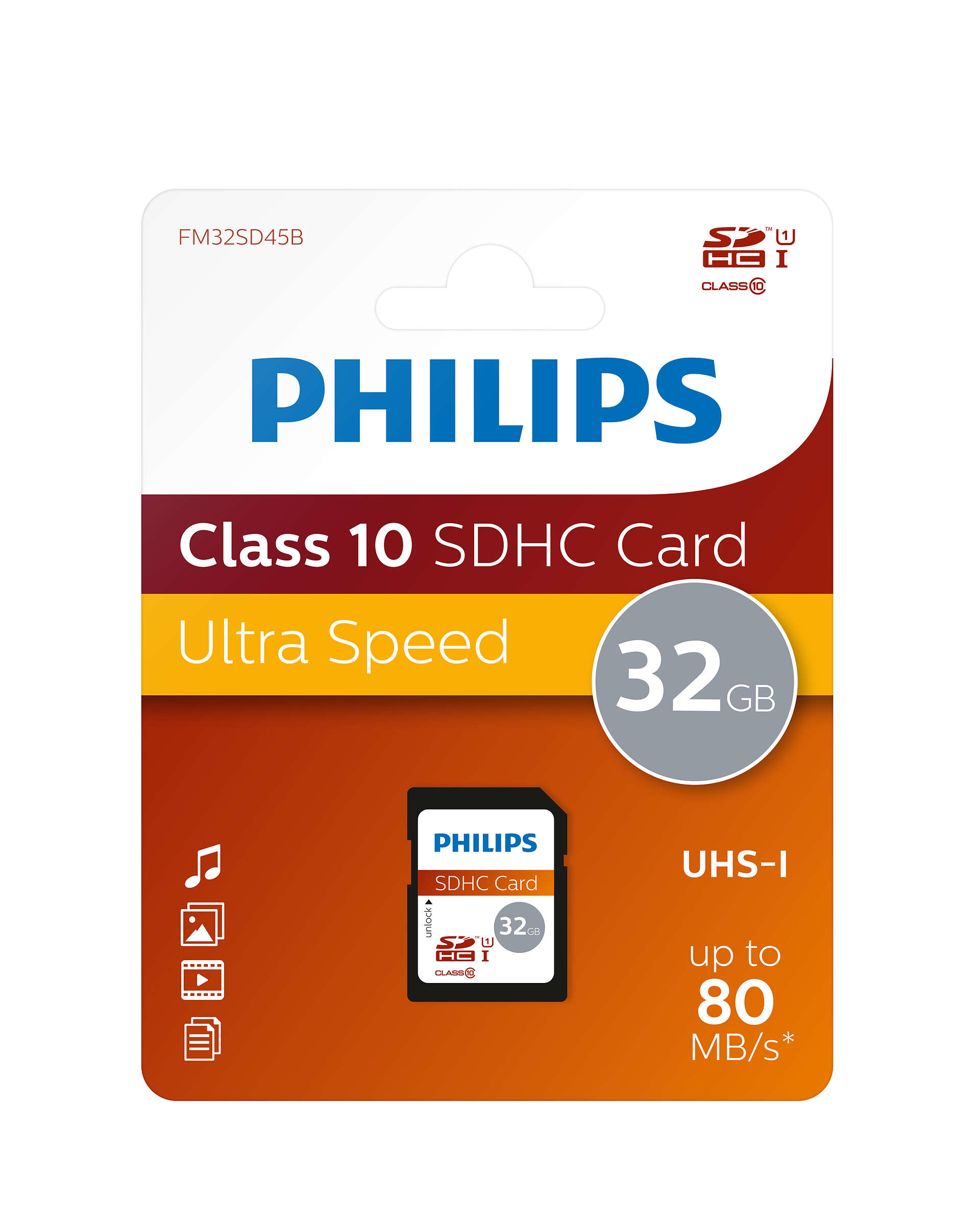 Philips SDHC card packaging. It has a card image, with text that mentions 32GB, Ultra Speed, and UHS-I.