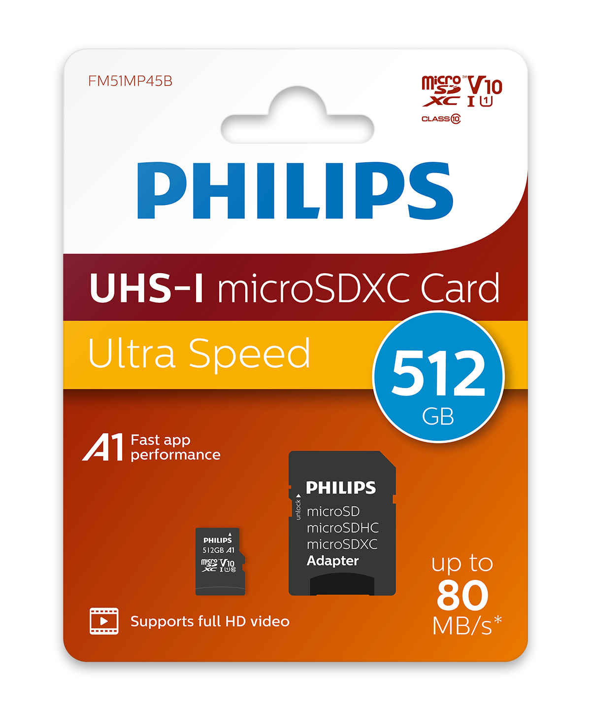 Philips microSDXC-Kartenverpackung. Blau und weiß mit orangefarbenen Akzenten. Verfügt über 512 GB, Ultra Speed und unterstützt Full-HD-Video.