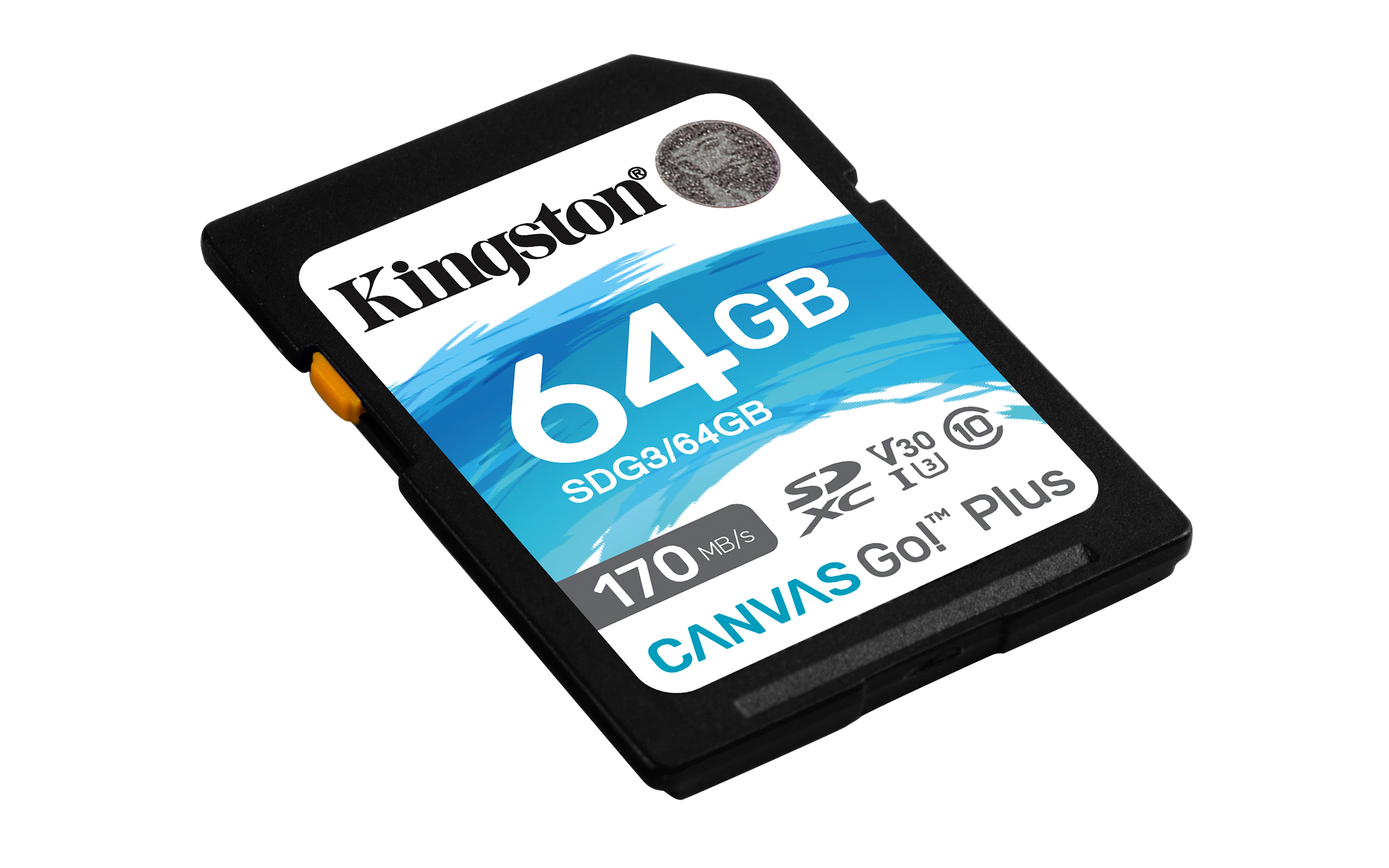 Una scheda SD Kingston nera da 64 GB. Ha dettagli bianchi e blu, con testo tra cui '64GB' e 'CANVAS Go! Plus'.