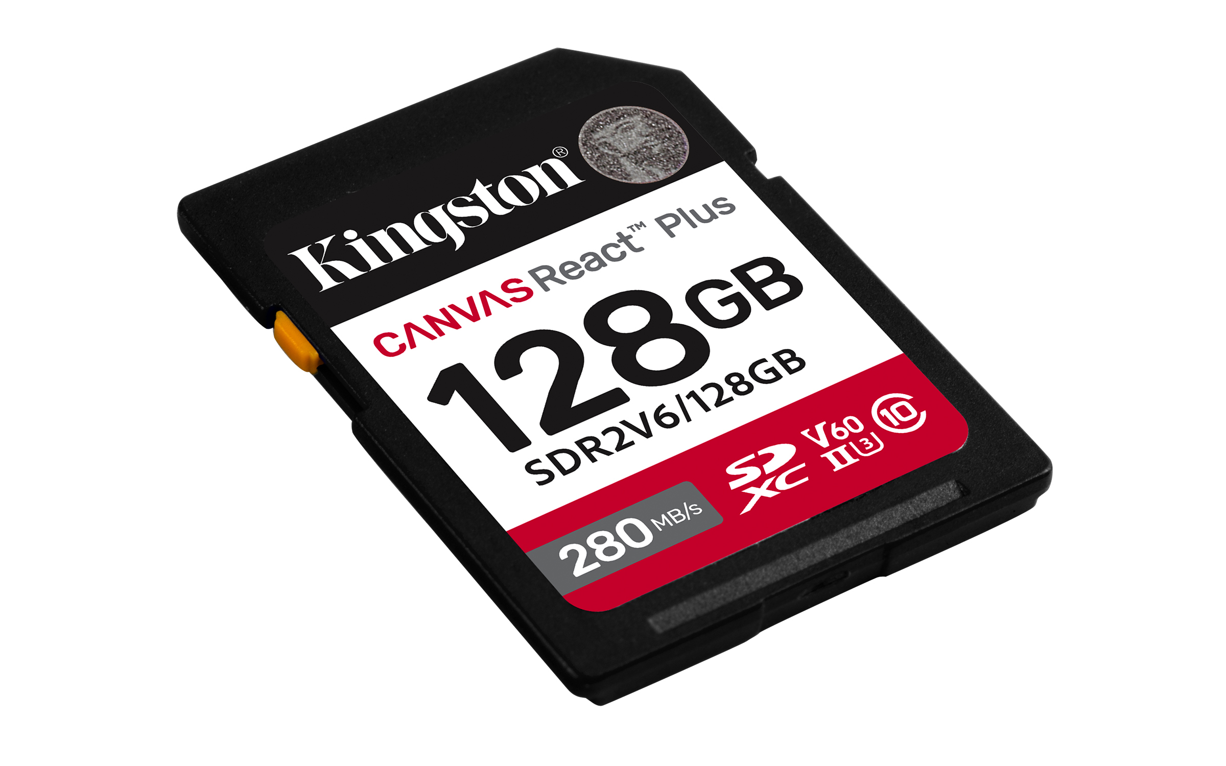 Czarna karta SD Kingston. Posiada białą i czerwoną etykietę wskazującą pojemność 128 GB i prędkość 280 MB/s.
