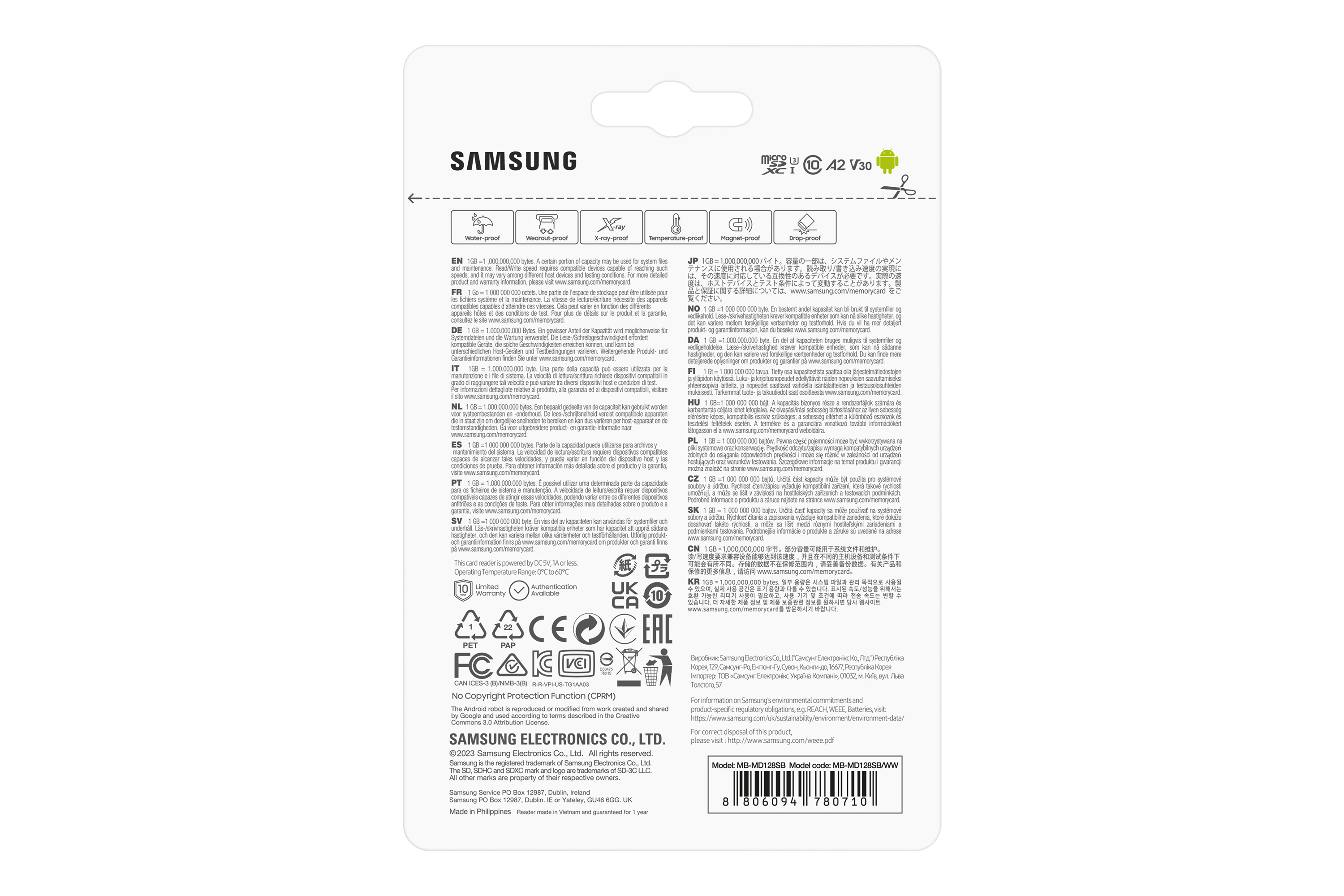 Biała karta z logo Samsung, ikonami i tekstem w wielu językach.