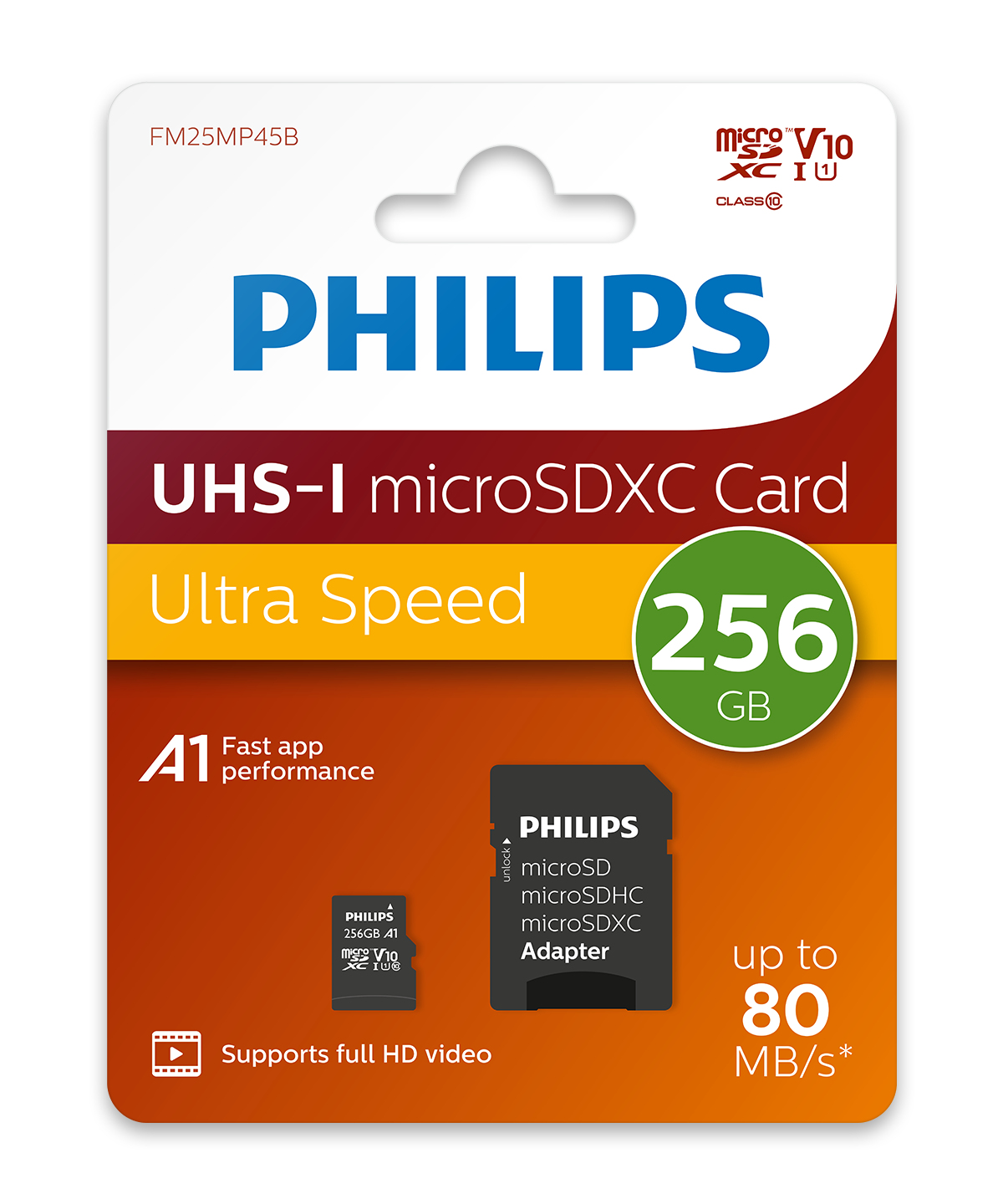 Eine Philips microSDXC-Kartenverpackung. Die Karte hat eine Kapazität von 256 GB und unterstützt Full-HD-Video. Sie ist ultraschnell mit bis zu 80 MB/s.