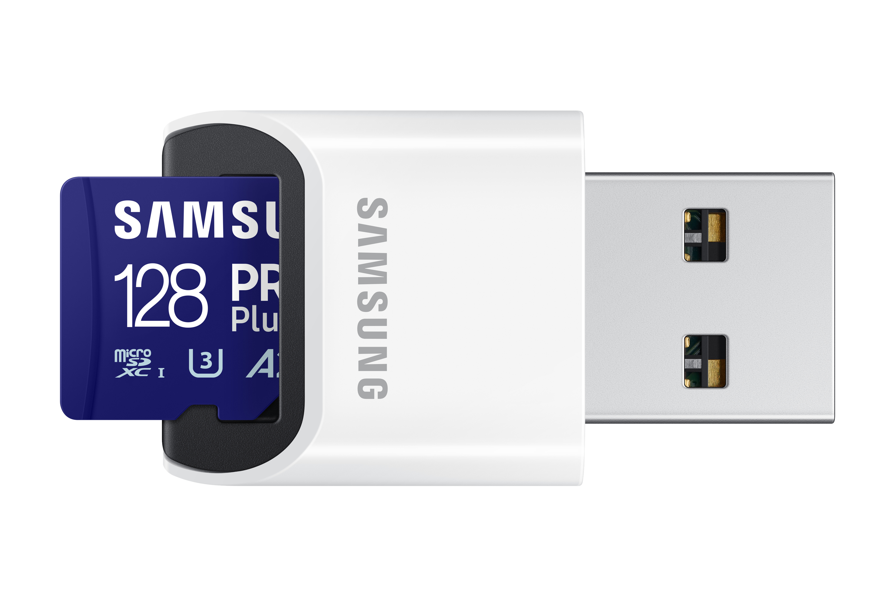 Biała przejściówka USB Samsung z niebieską kartą microSD Samsung 128 GB.