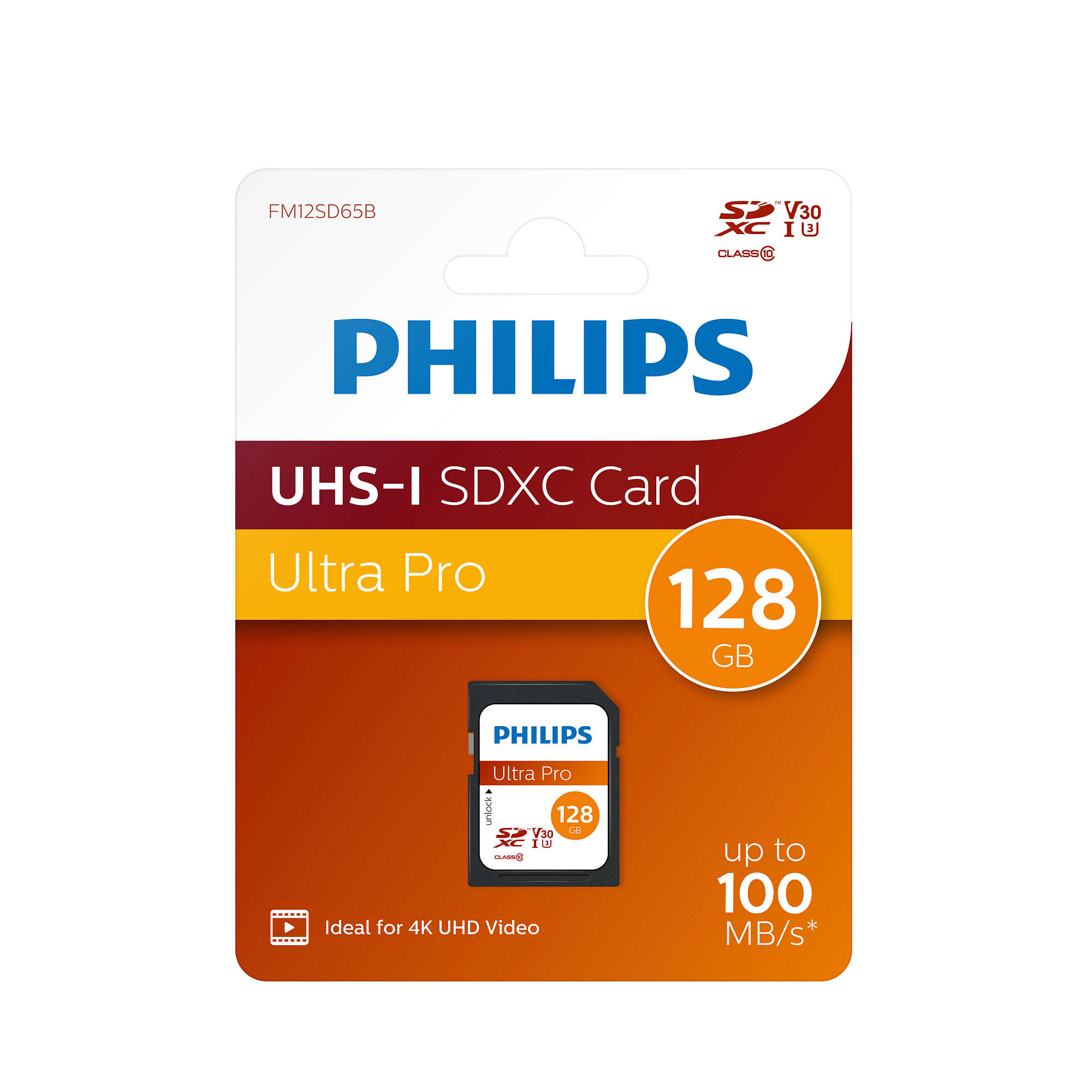 Philips Ultra Pro SDXC card. It has 128 GB and is ideal for 4K UHD video. The card is in a white and orange package.