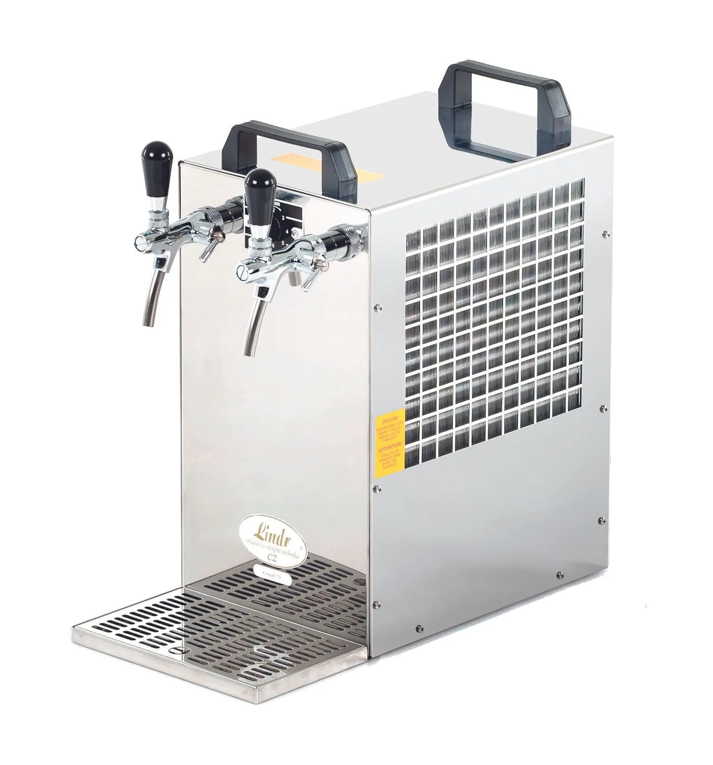 Een roestvrijstalen biertapmachine met twee kranen, een lekbak en ventilatie. Zwarte handgrepen bovenop. Lindr-logo aanwezig.