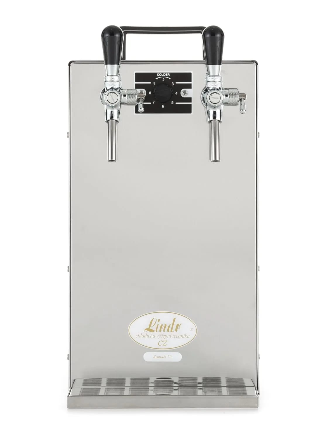 Roestvrijstalen biertapmachine met twee kranen, een temperatuurmeter en een Lindr-logo. Zwarte handgrepen. Zilveren afwerking.
