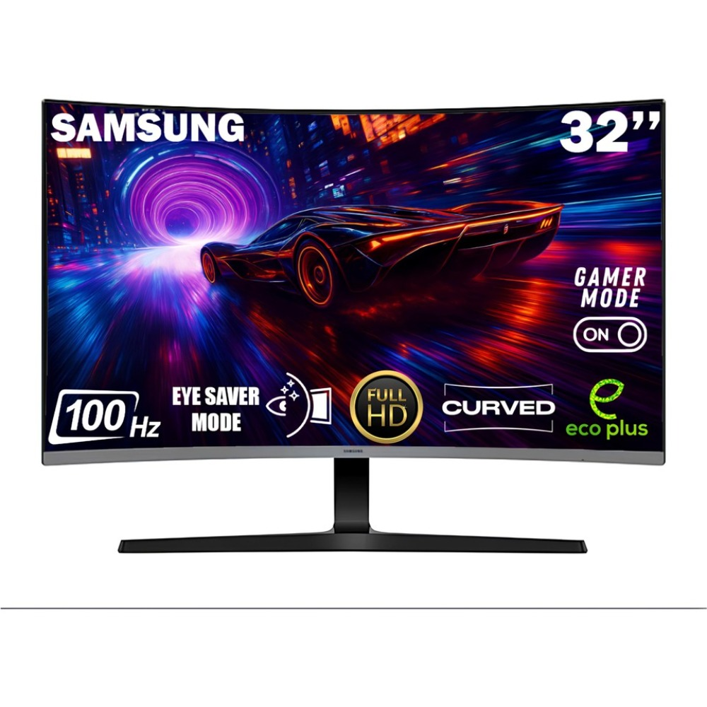 Kavisli bir Samsung monitör, bir tünelde yarışan fütüristik bir araba sergiliyor. Özellikler: 'Oyuncu Modu', 'Full HD' ve '100 Hz'.