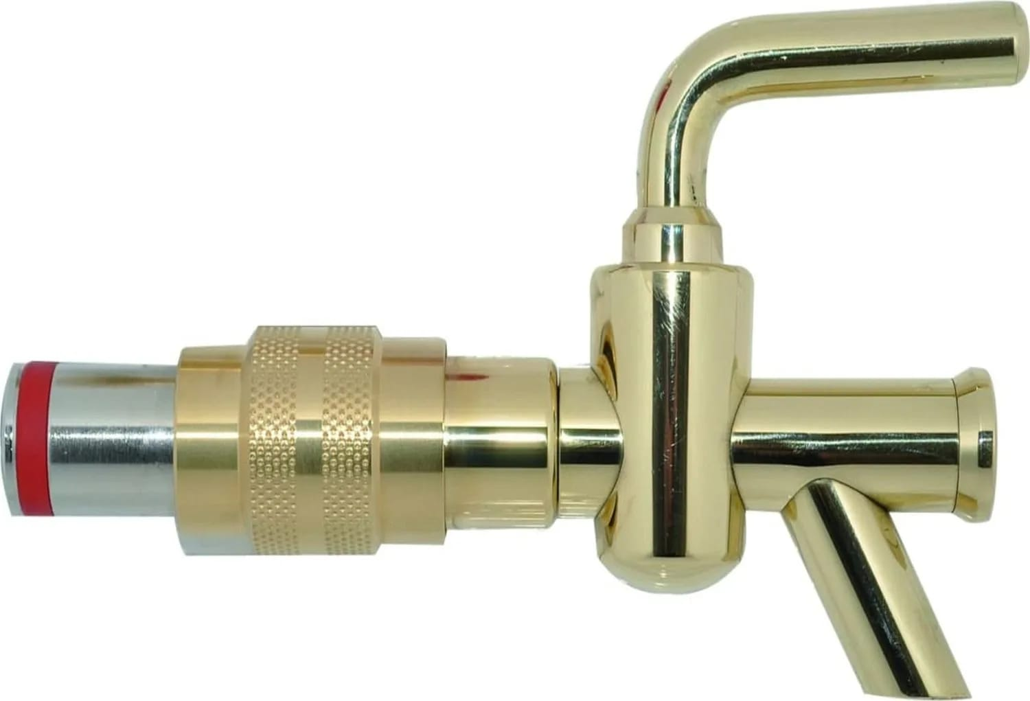 Een gouden biertap. Het heeft een hendel en een spuitmond. De kraan is gemaakt van messingkleurig metaal en heeft een rode ring.