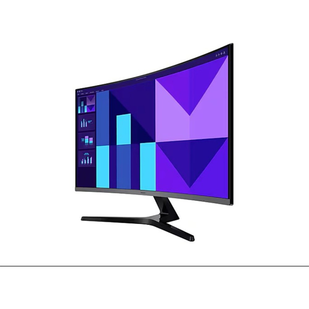 Kavisli bir monitör, mavi ve mor renklerle bir grafik görüntüler. Monitörün siyah bir standı var.