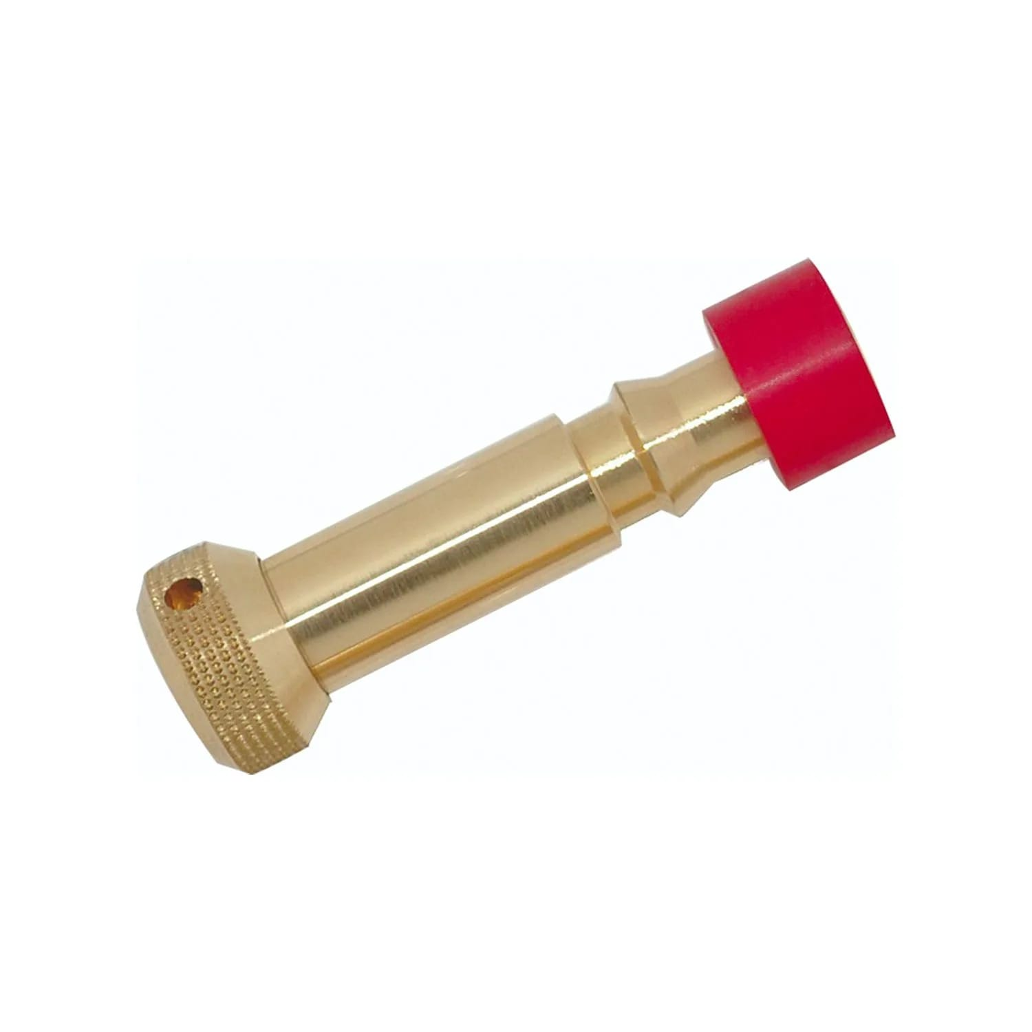 Een messing fitting met een rode dop op een witte achtergrond. Het heeft een getextureerd uiteinde en een cilindrisch lichaam.