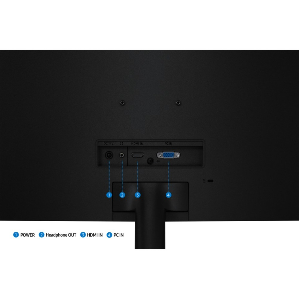 Monitörün arkası, güç, kulaklık çıkışı, HDMI girişi ve PC girişi portlarını gösteriyor. Monitör siyah ve bir standı var.