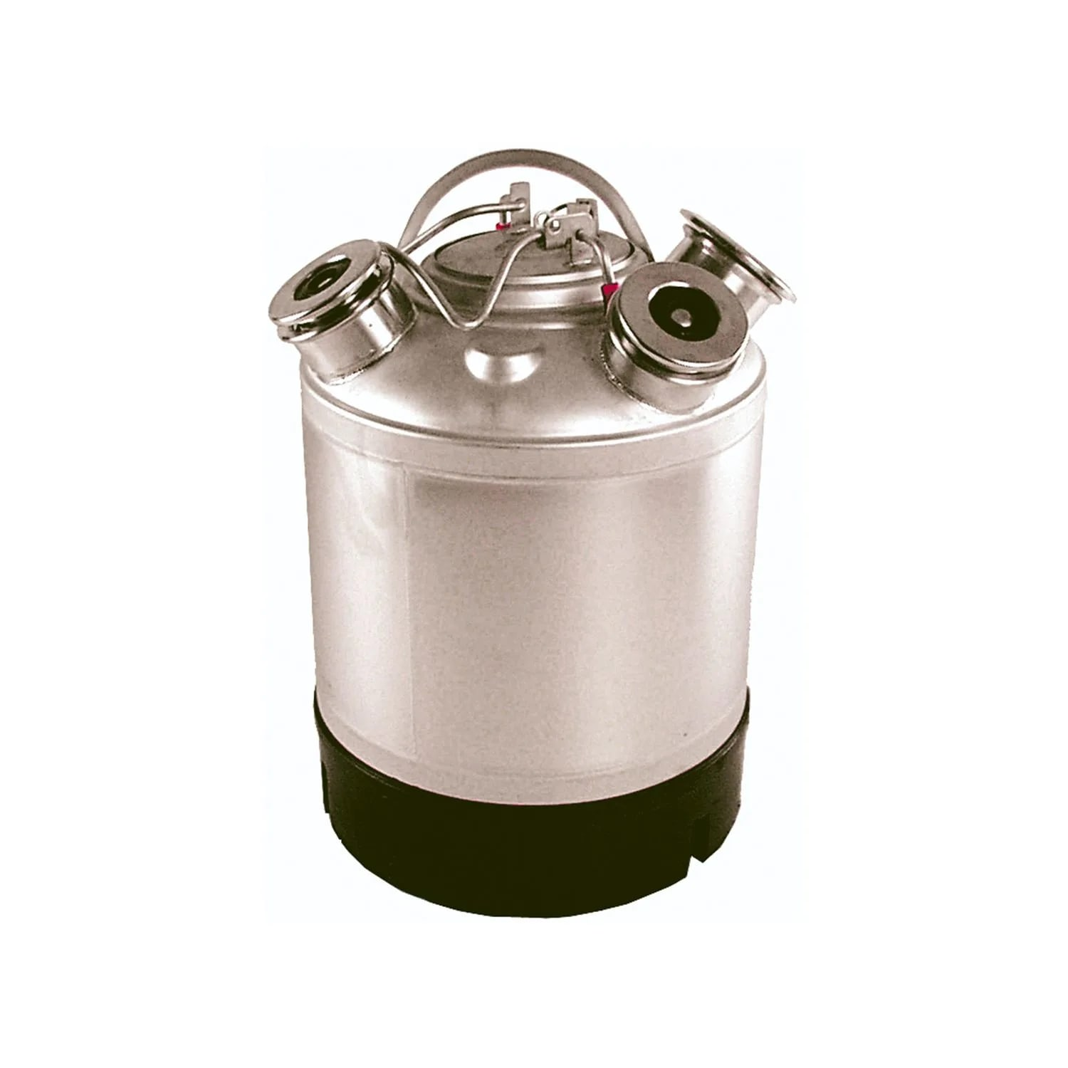 Een metalen container met drie sproeiers bovenop. Het heeft een handvat en een zwarte basis, tegen een witte achtergrond.