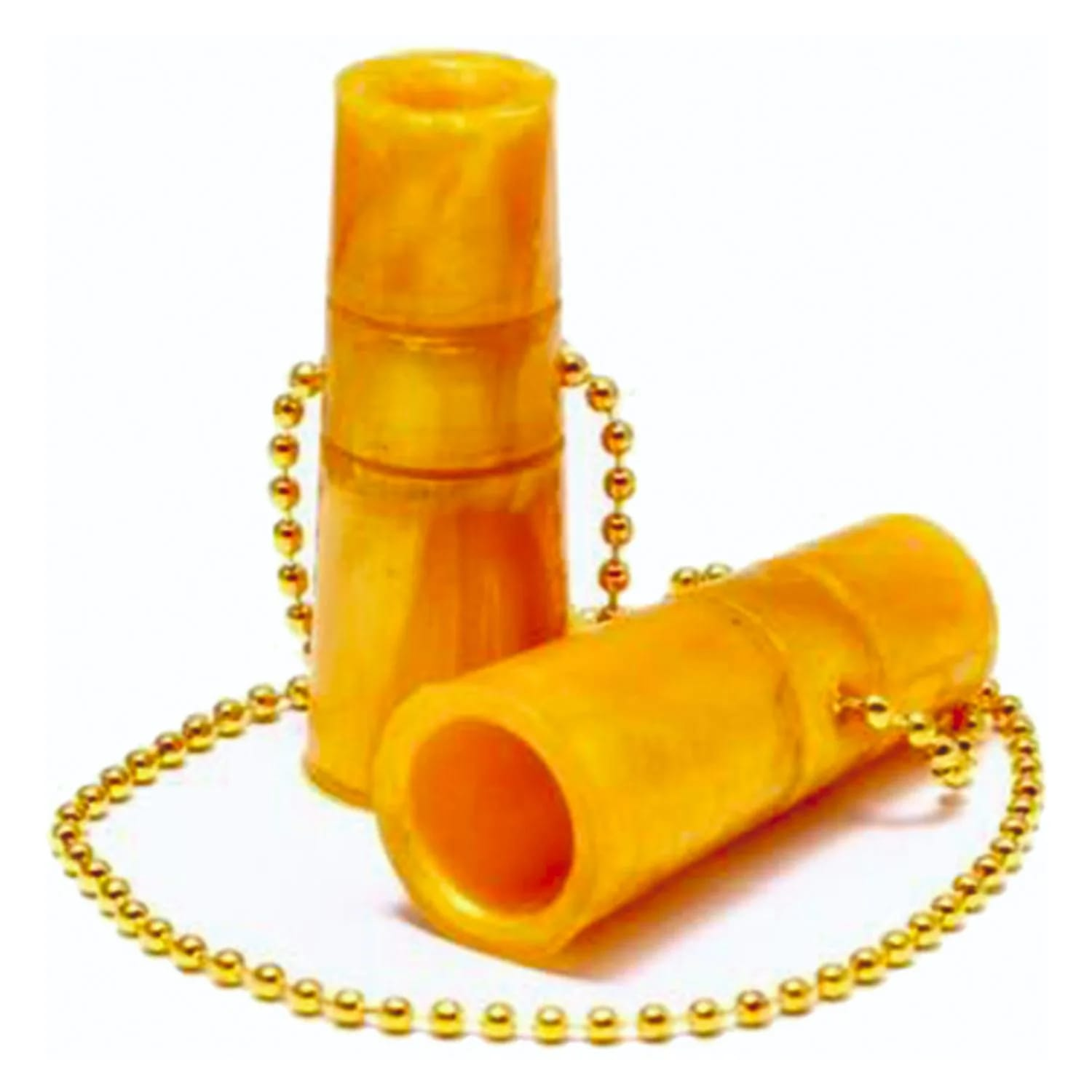 Twee gele cilindrische objecten met gouden kettingen, één staand, één liggend. Witte achtergrond.