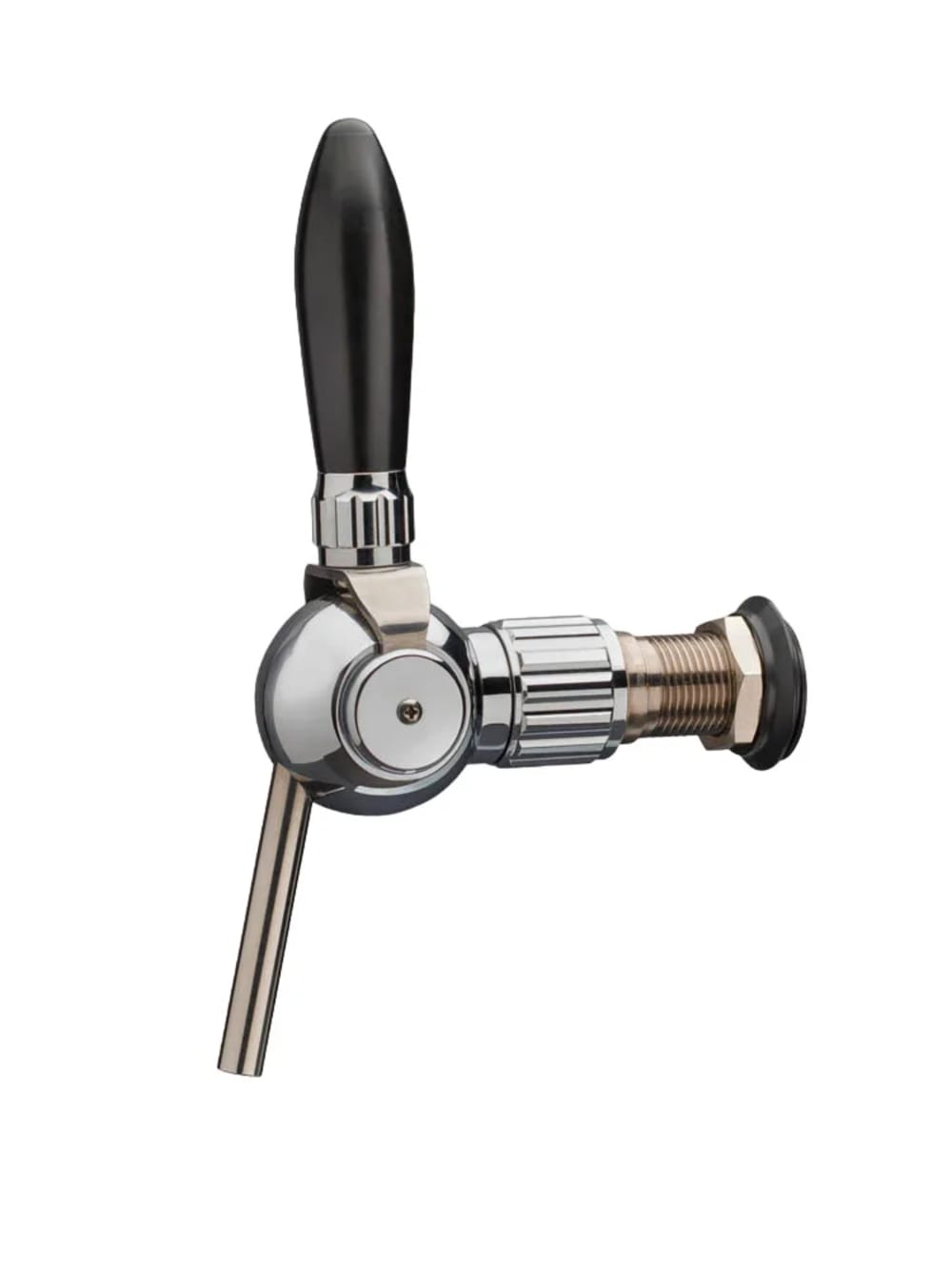 Een verchroomde biertap met een zwarte handgreep, een zilveren hendel en een messing fitting, op een witte achtergrond.