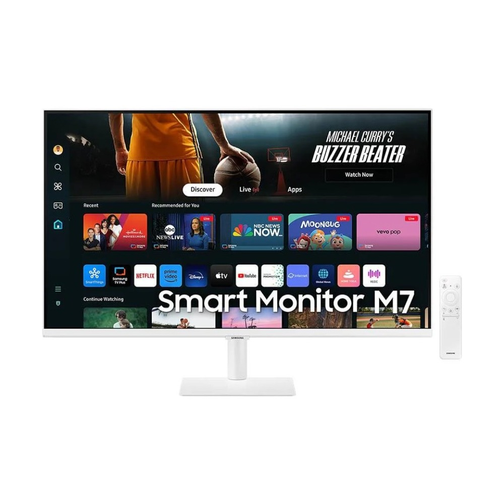 Beyaz bir Smart Monitor M7 basketbol maçı gösteriyor. Sağda bir uzaktan kumanda var. Uygulamalar gösteriliyor. Metin: MICHAEL CURRYS BUZZER BEATER.