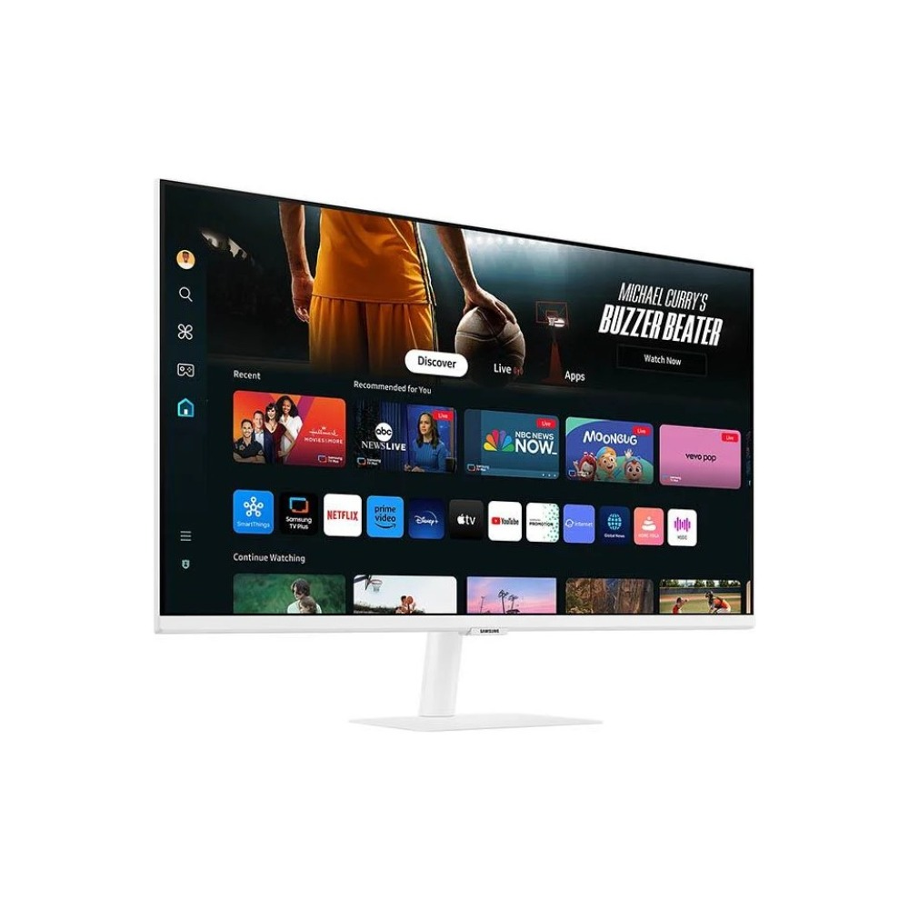 Beyaz bir Samsung monitör basketbol maçı gösteriyor. Netflix ve Disney+ gibi uygulamalar ekranda görülebilir.