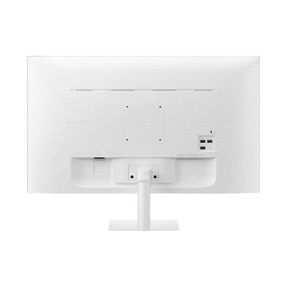 Beyaz bir Samsung monitörün arka görünümü. Bir standı, bağlantı noktaları ve dokulu bir yüzeyi var. Ekran boş.