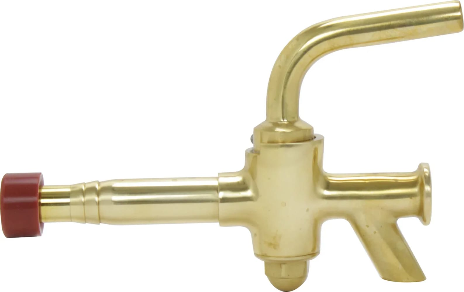 Een gouden biertap met een rode hendel en een gebogen hendel. De kraan staat tegen een witte achtergrond.