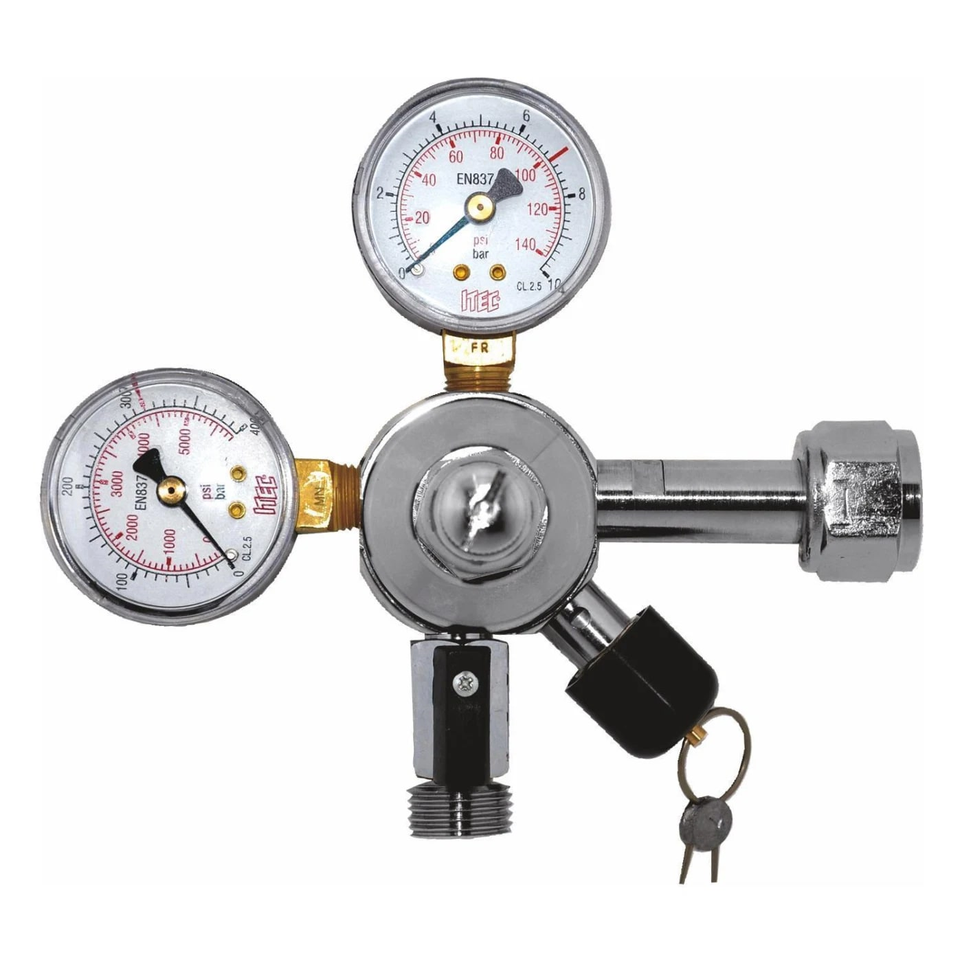 Een drukregelaar met twee meters, een sleutel en een zwarte dop. Meters tonen drukmetingen. Achtergrond is wit.