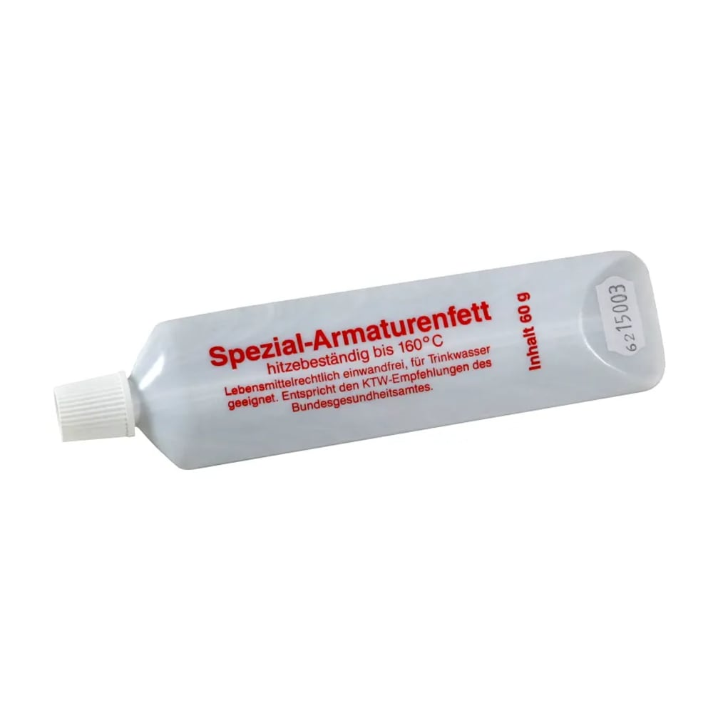 Een witte tube 'Spezial-Armaturenfett' vet, met rode tekst. Het heeft een witte dop en geeft specificaties op het etiket.