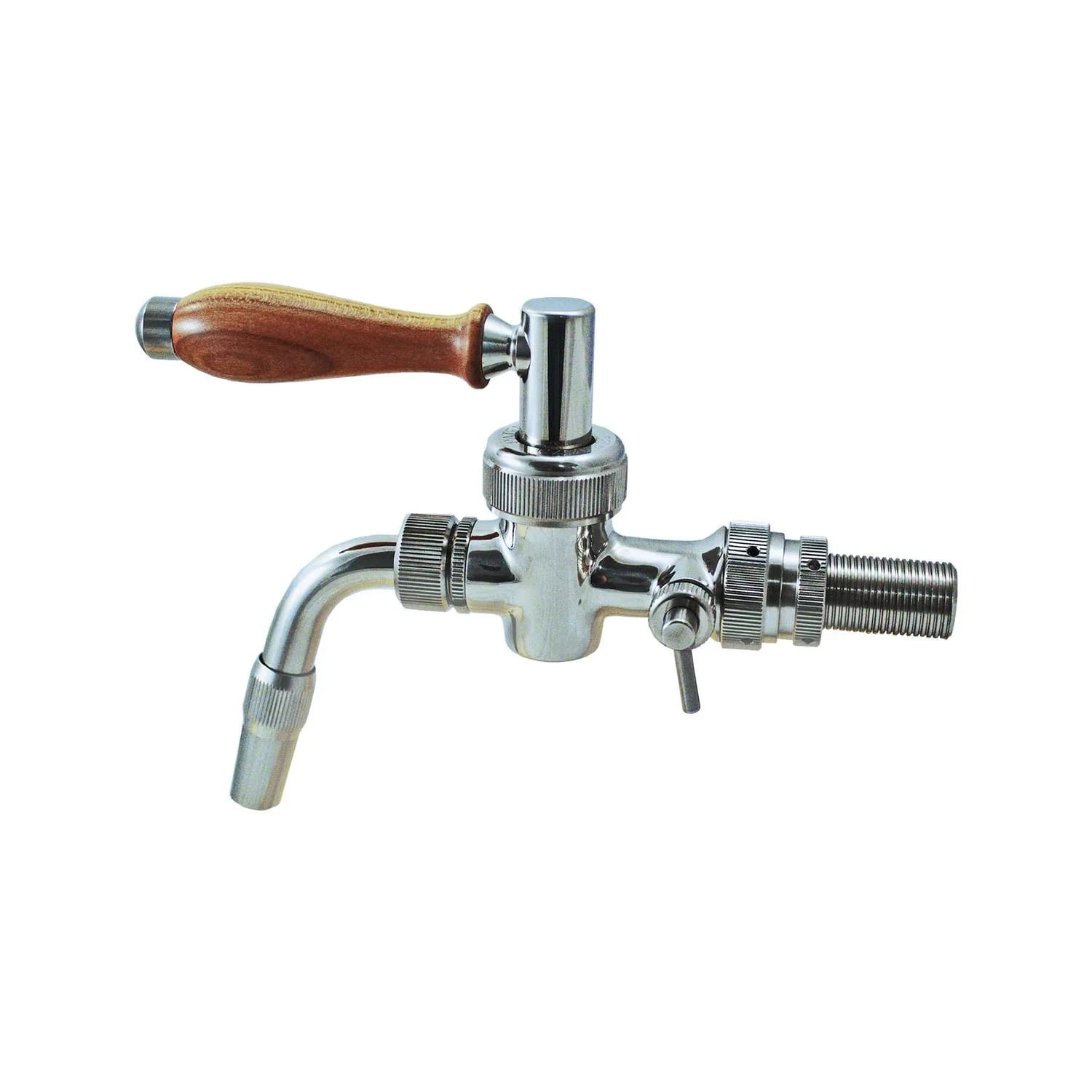 Een chromen biertap met een houten handvat. Het heeft een gebogen tuit en diverse afstelknoppen.