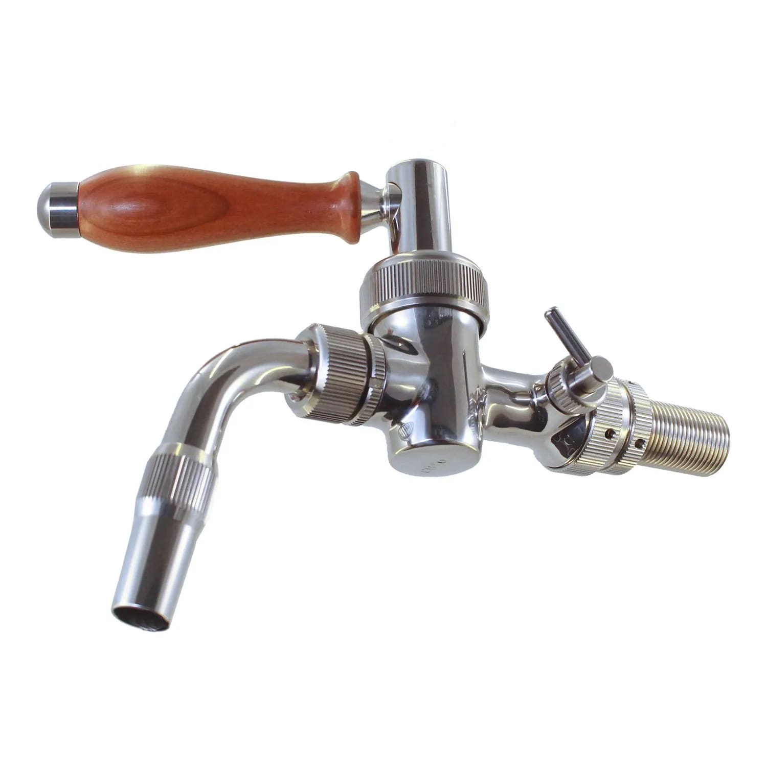 Een verchroomde biertap met een houten handvat. Het heeft een gebogen tuit en diverse schroefdraad onderdelen.