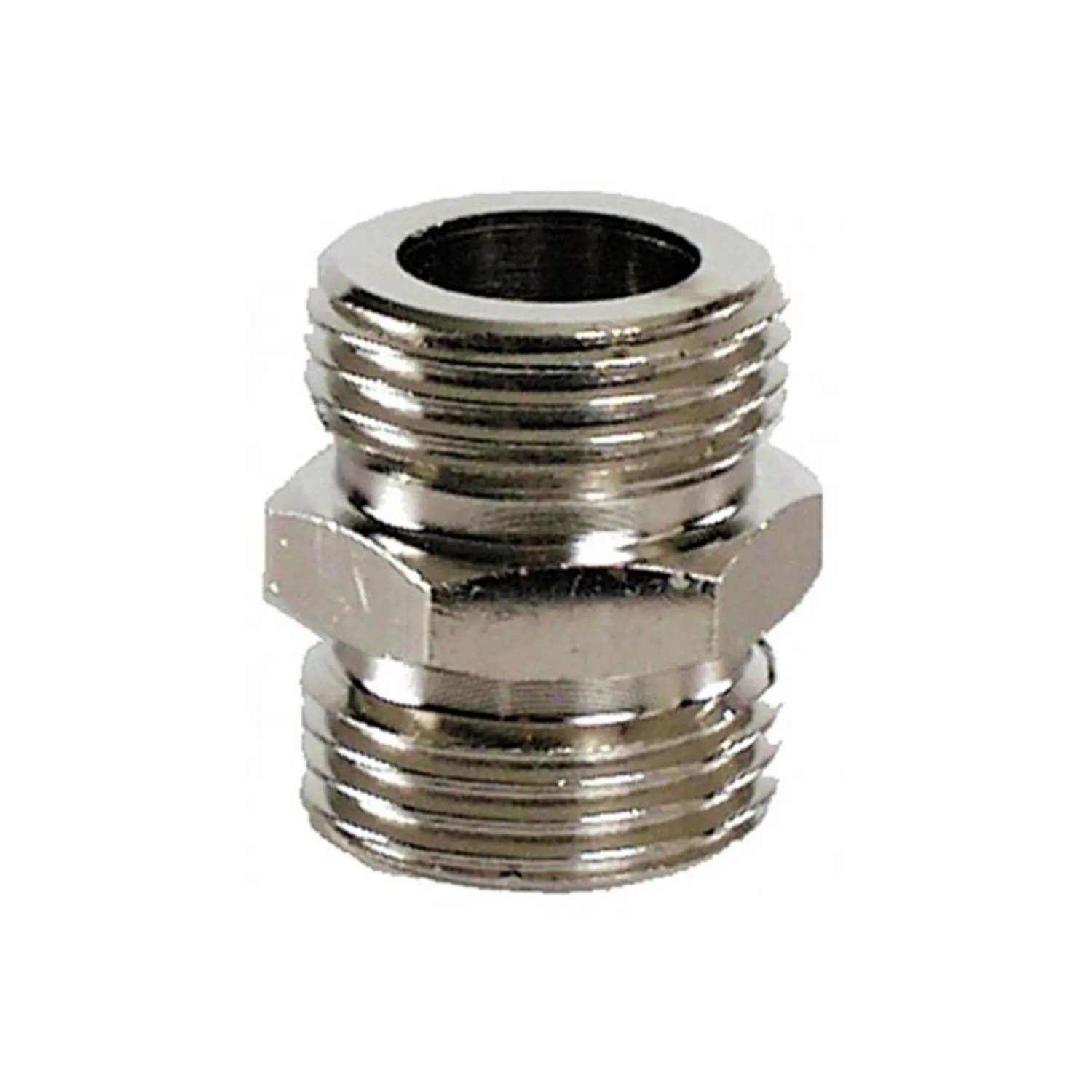 Een metalen sanitairfitting. Het heeft een zeshoekig middengedeelte en schroefdraadeinden. De kleur is zilver, met een gepolijste afwerking.