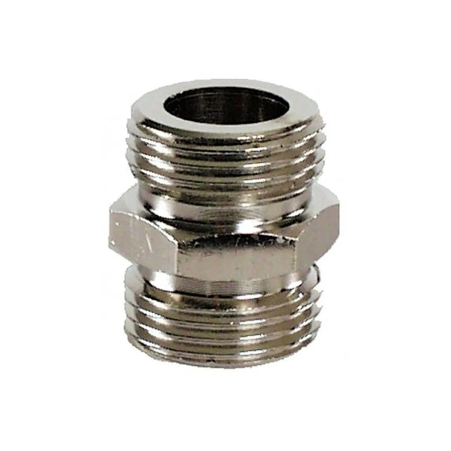 Een metalen adapter met externe schroefdraad aan beide uiteinden en een zeshoekig middengedeelte, tegen een witte achtergrond.