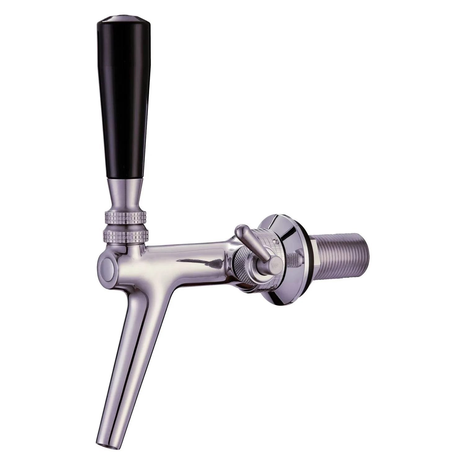 Een chromen biertap met een zwarte hendel. De tap staat op een witte achtergrond, met een schroefdraad aan het uiteinde.