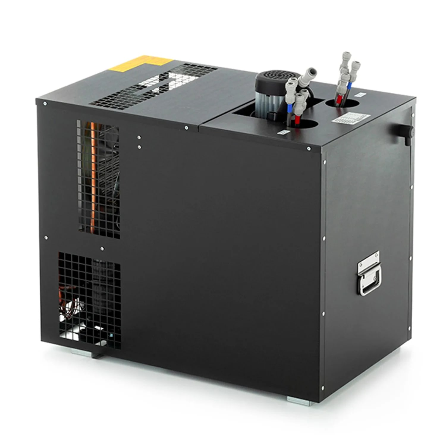A black machine with vents, tubes, and a motor on top. It sits on a white background. Handle and yellow stripe visible.