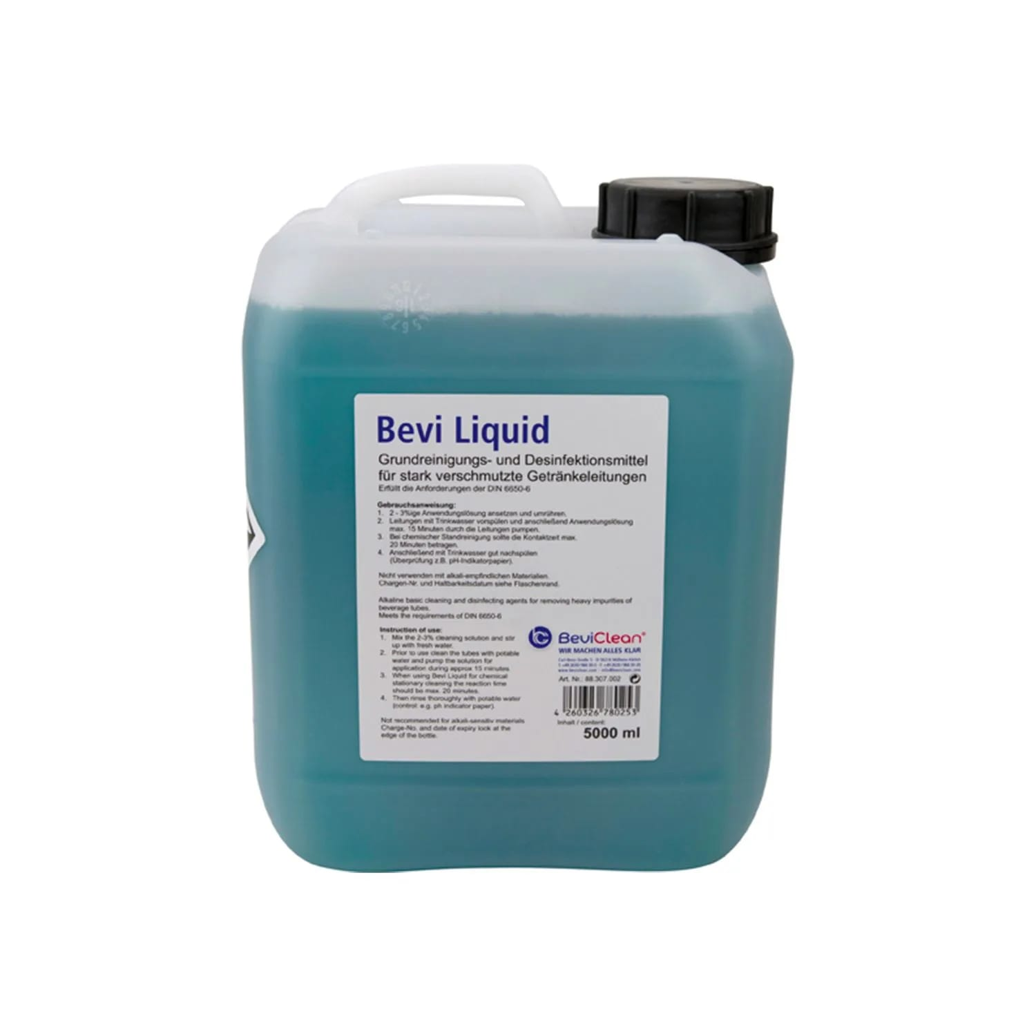 Un grande contenitore di plastica con liquido blu etichettato 'Bevi Liquid'. Ha un tappo nero e informazioni sul prodotto.