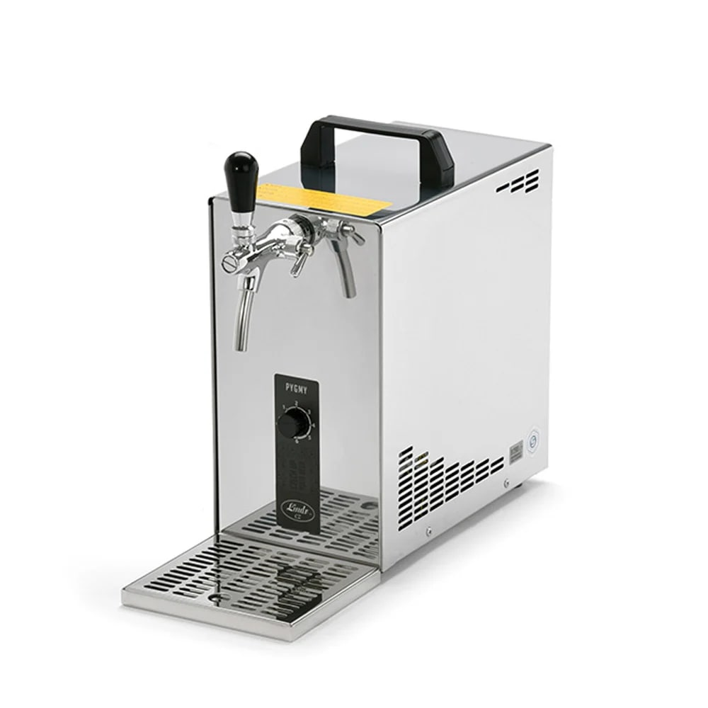 Een roestvrijstalen biertap met kraan, handvat en temperatuurregelaars. Het staat op een dienblad en heeft een transparant voorpaneel.