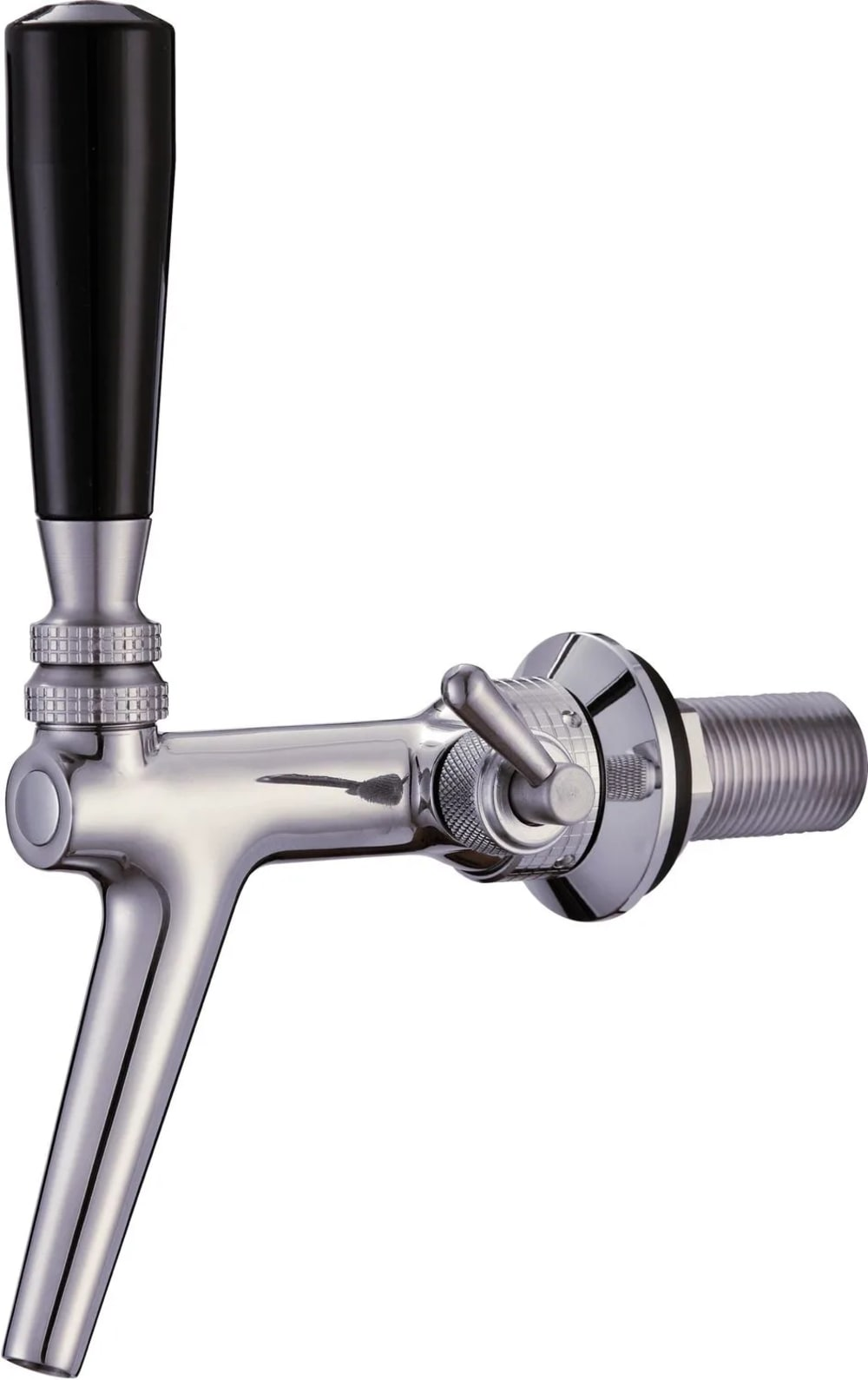Een verchroomde biertap met een zwarte handgreep. De tap heeft een hendel en een schroefdraad.