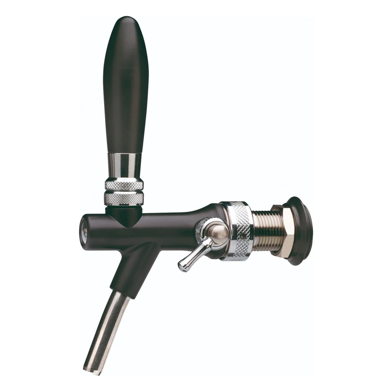 Een zwarte en zilveren biertap met een handvat, tuit en diverse metalen onderdelen, geïsoleerd op een witte achtergrond.