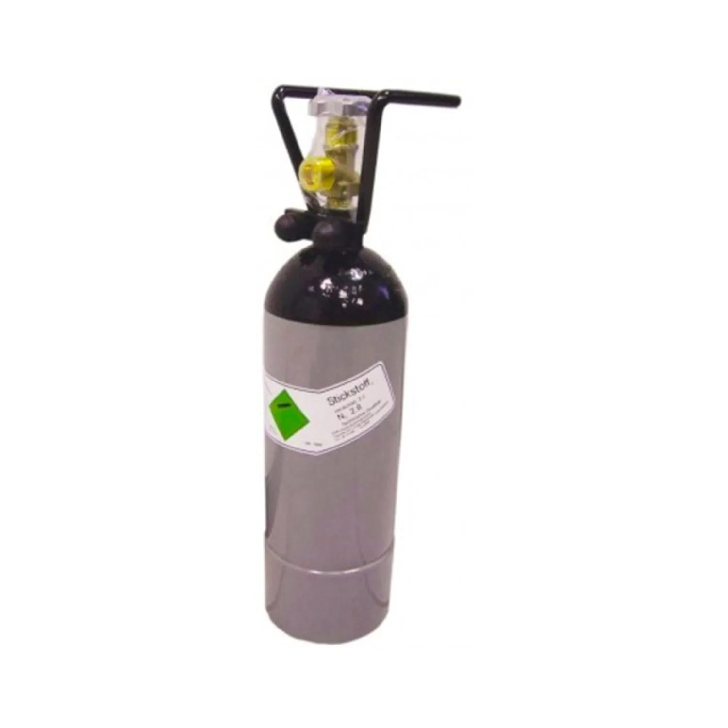 Een grijze gasfles met een zwarte bovenkant en handvat, een gele klep en een label met 'Stickstoff'.