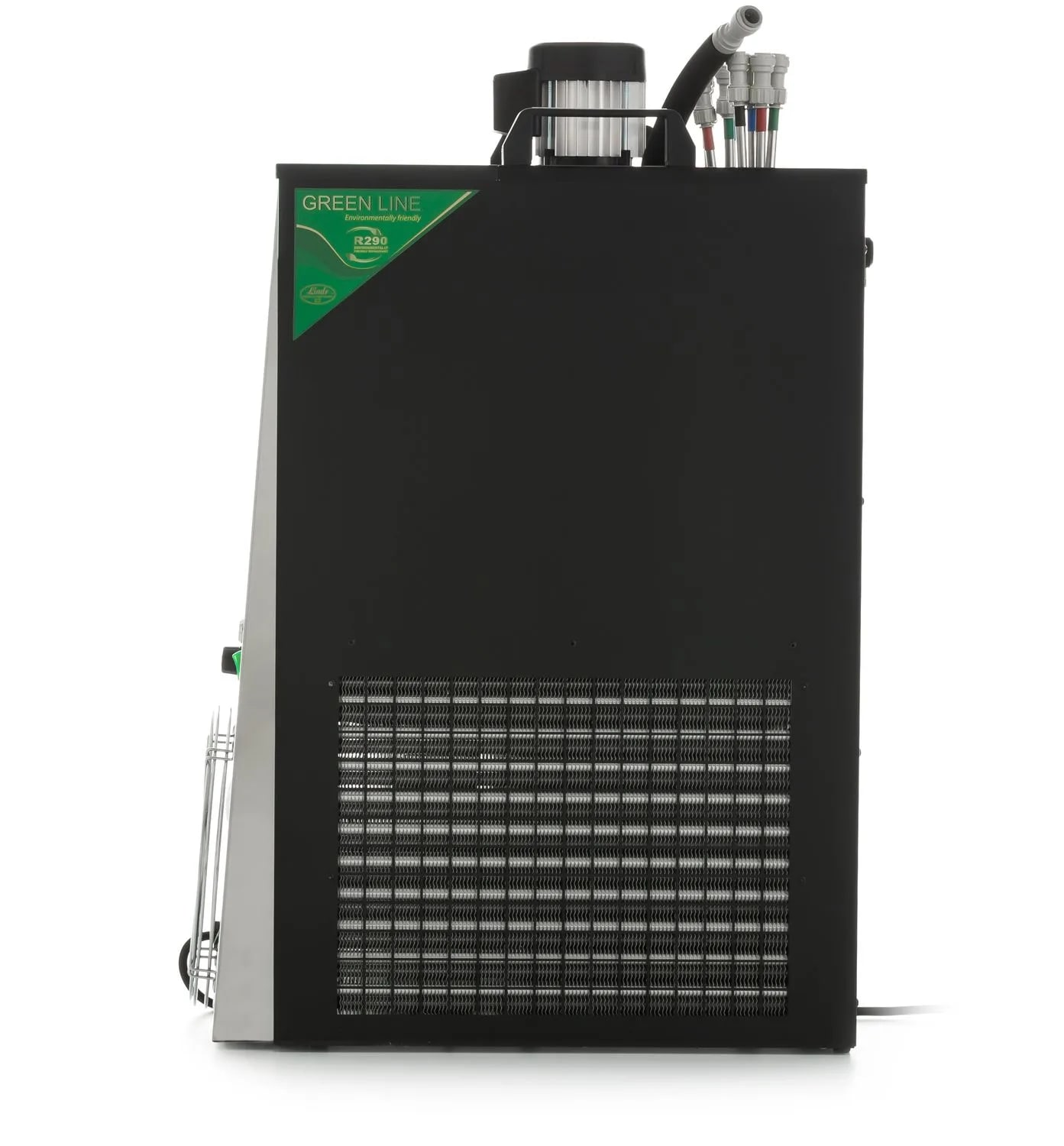 Una macchina nera e argento con un sistema di raffreddamento, tubi flessibili e un'etichetta verde con la scritta 'GREEN LINE'.