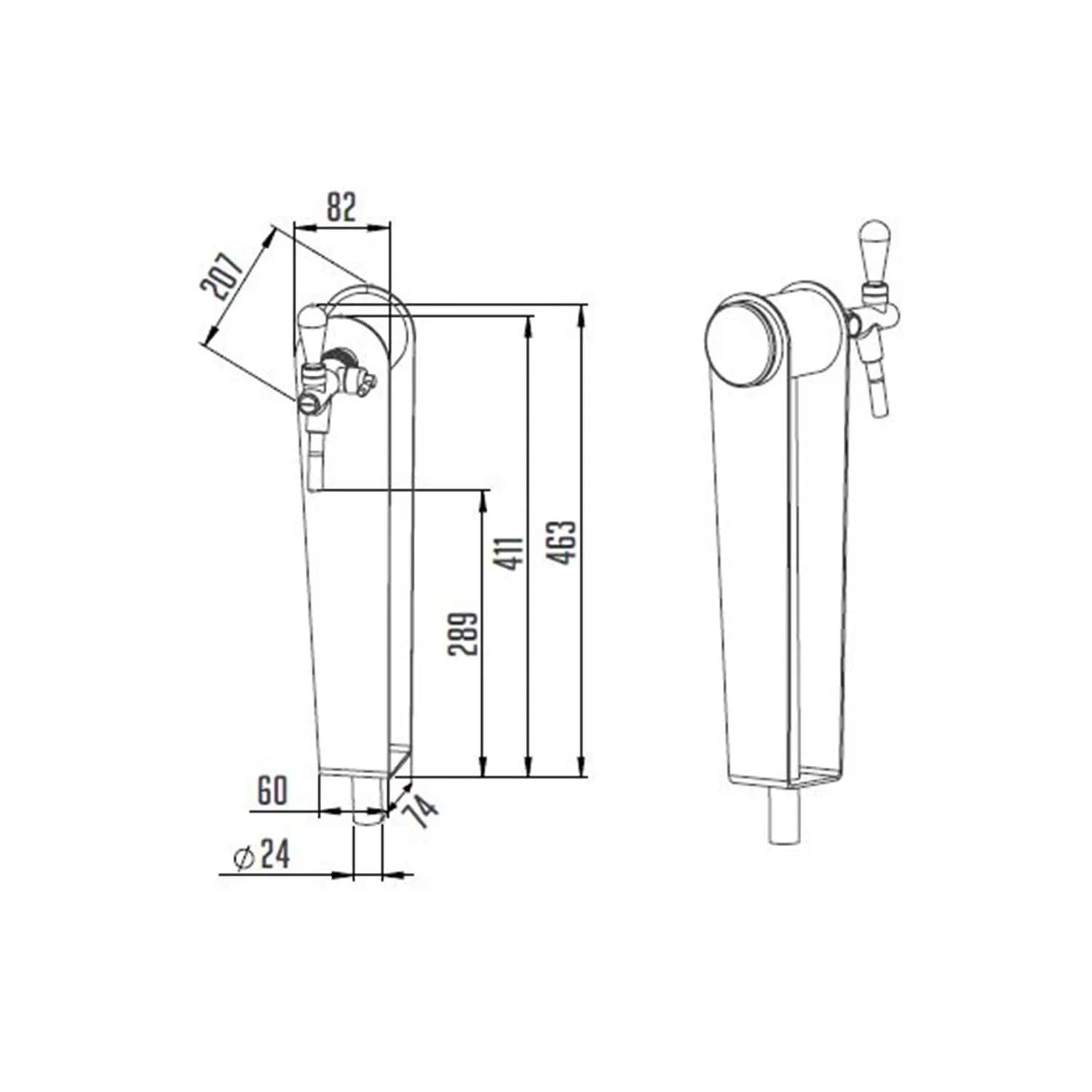 Disegno tecnico di un rubinetto della birra con dimensioni. Mostra una maniglia, un corpo cilindrico e misure come 207, 82, 411, ecc.