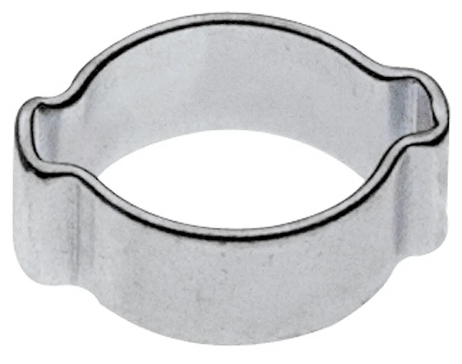 Close-up van een zilveren slangklem. Het is een cirkelvormige metalen band met een zwarte omtrek en een opening in het midden.