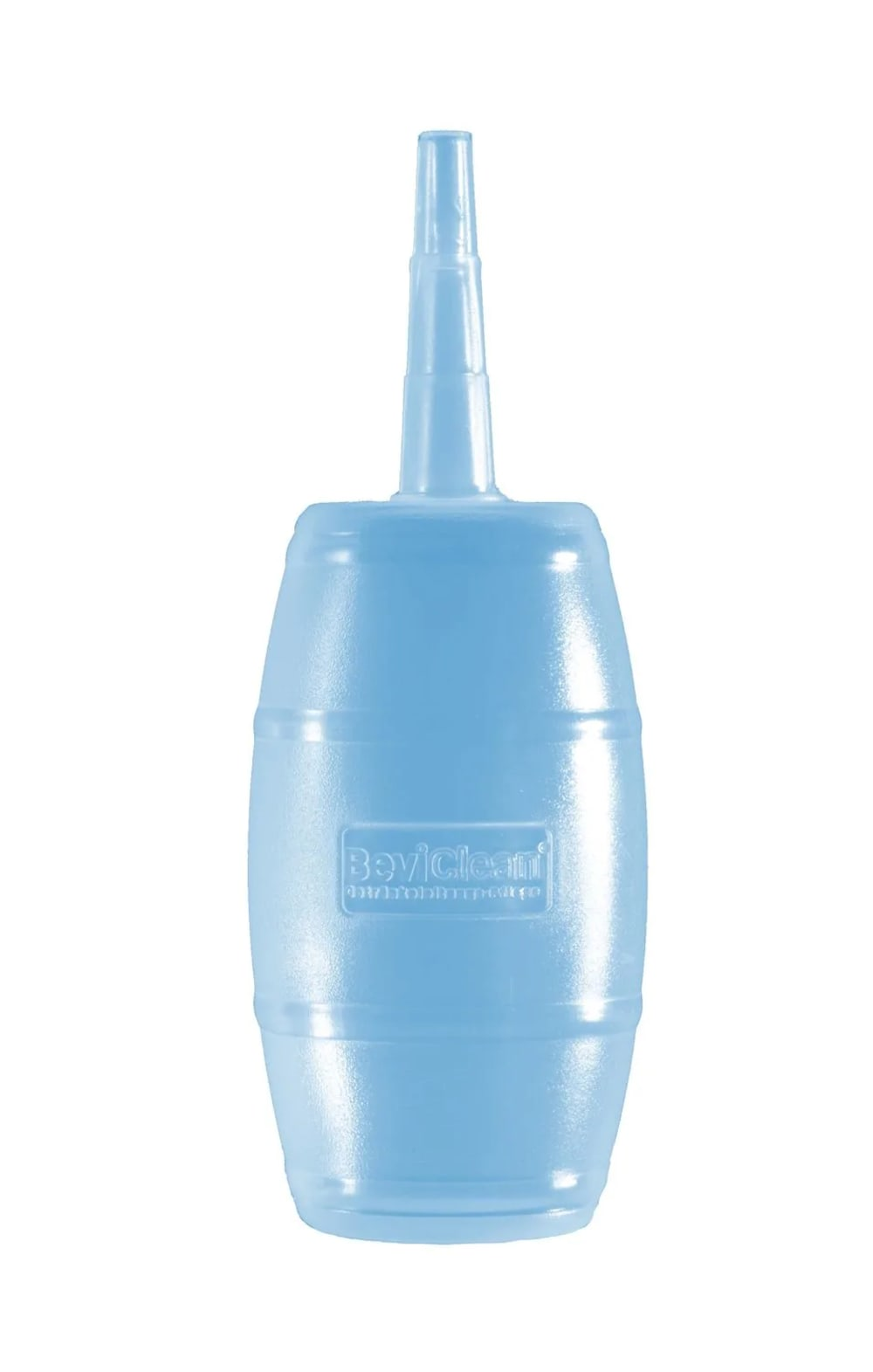 Een lichtblauwe neusaspirator, met een tonvormig lichaam en een lange, smalle tuit. De merknaam 'BeviClean' is zichtbaar.