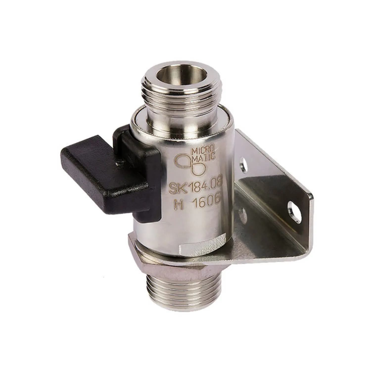 Een metalen cilindrisch component met een zwarte handgreep, gemonteerd op een beugel. Het heeft schroefdraad aan beide uiteinden en een label.