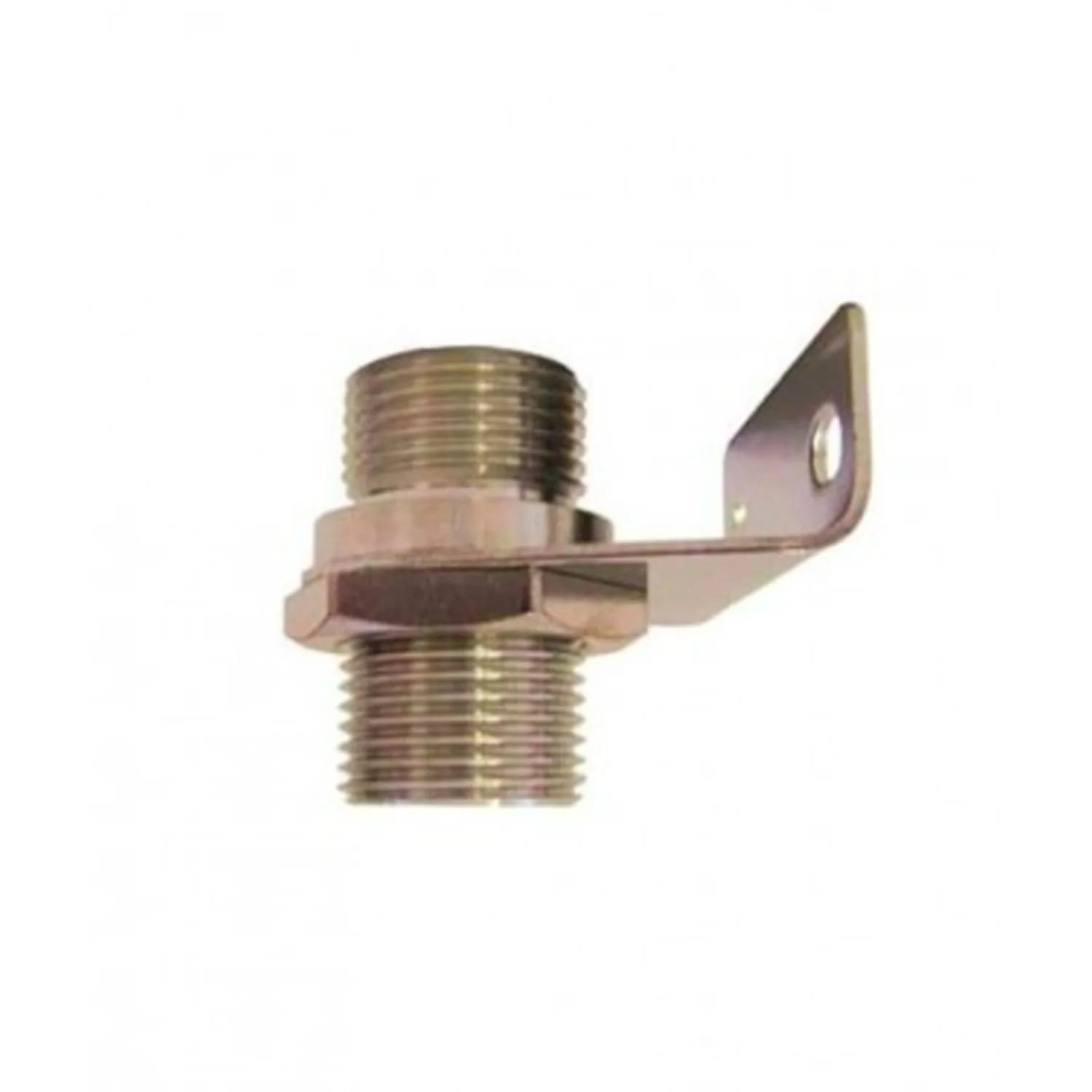 Een metalen connector met schroefdraad en een beugel. De connector is zilver, met een zeshoekige basis. De achtergrond is wit.