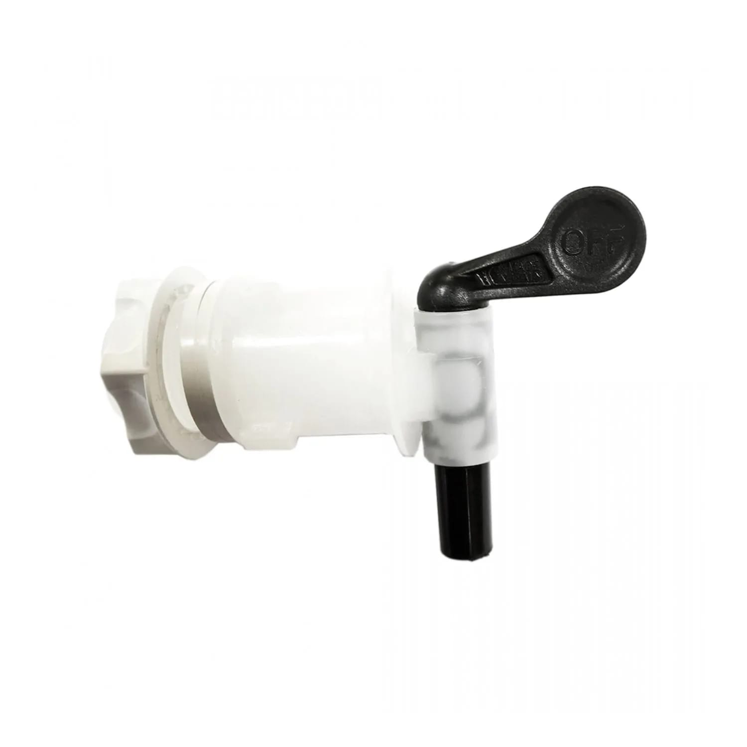 Een witte plastic kraan met een zwarte hendel wordt getoond. De hendel staat in de uit-stand.